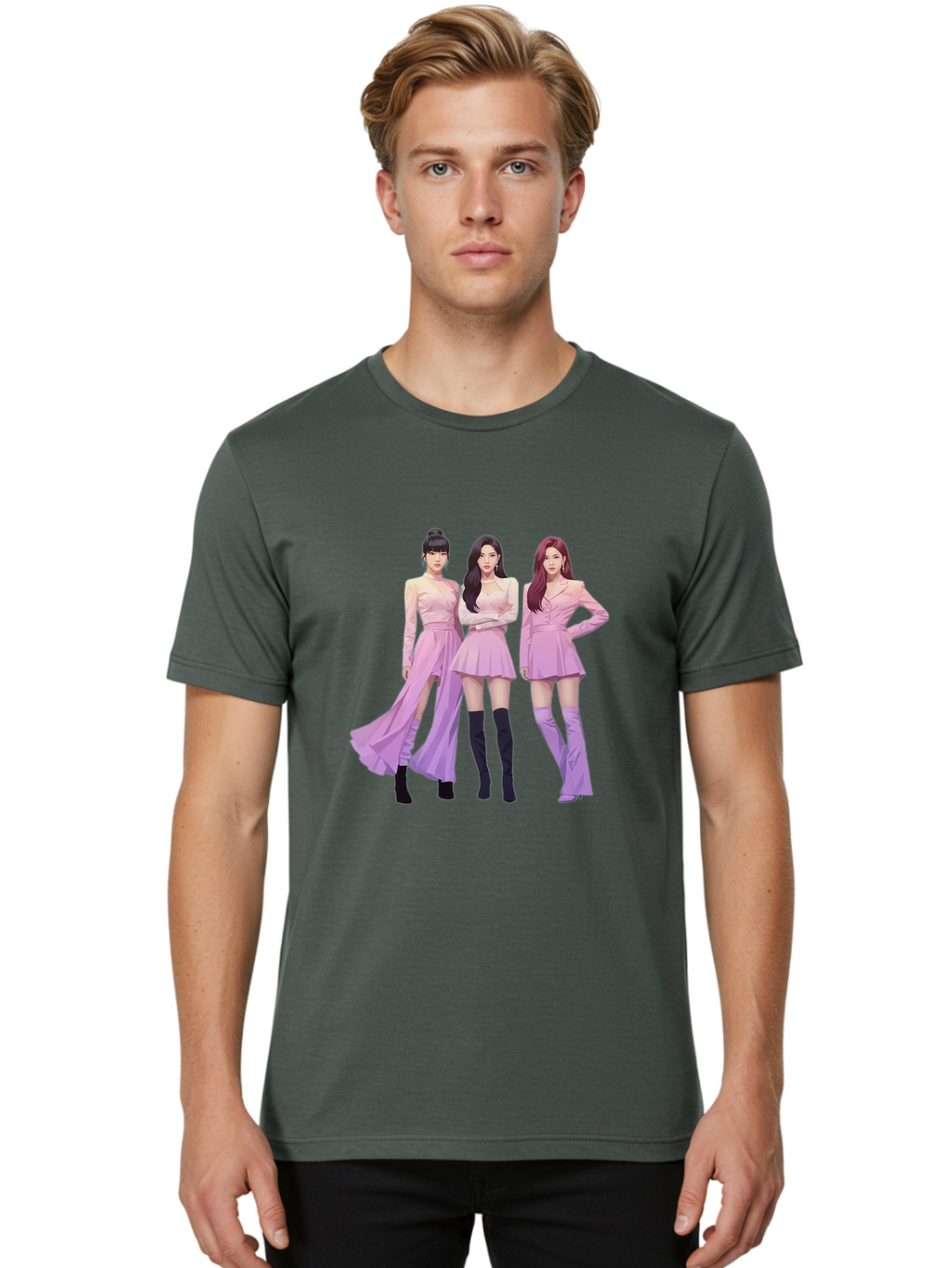 Pink-Ladies Men'S Graphic Tee, 100% Cotton, Comfortable Casual Summer Wear, Machine Washable, K-Pop Group, Female Idols, Pastel Pink Outfits, Elegant Attire, Flowing Dresses, Long Boots, Fashion Icons, Group Pose, Confident Stance, Bac252