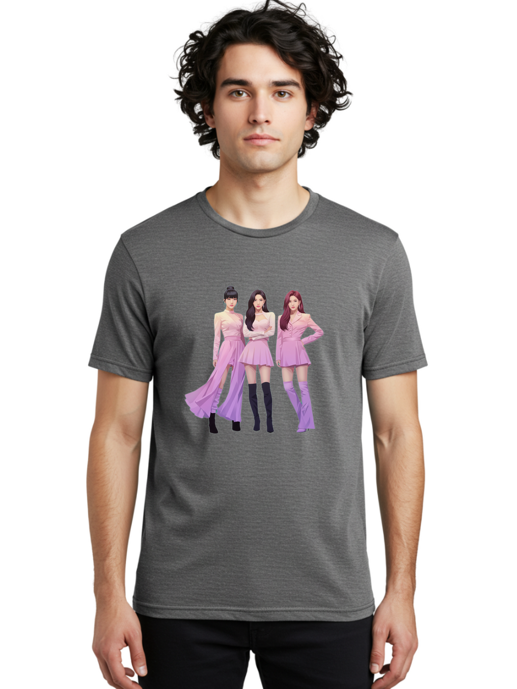 Pink-Ladies Men'S Graphic Tee, 100% Cotton, Comfortable Casual Summer Wear, Machine Washable, K-Pop Group, Female Idols, Pastel Pink Outfits, Elegant Attire, Flowing Dresses, Long Boots, Fashion Icons, Group Pose, Confident Stance, Bac252