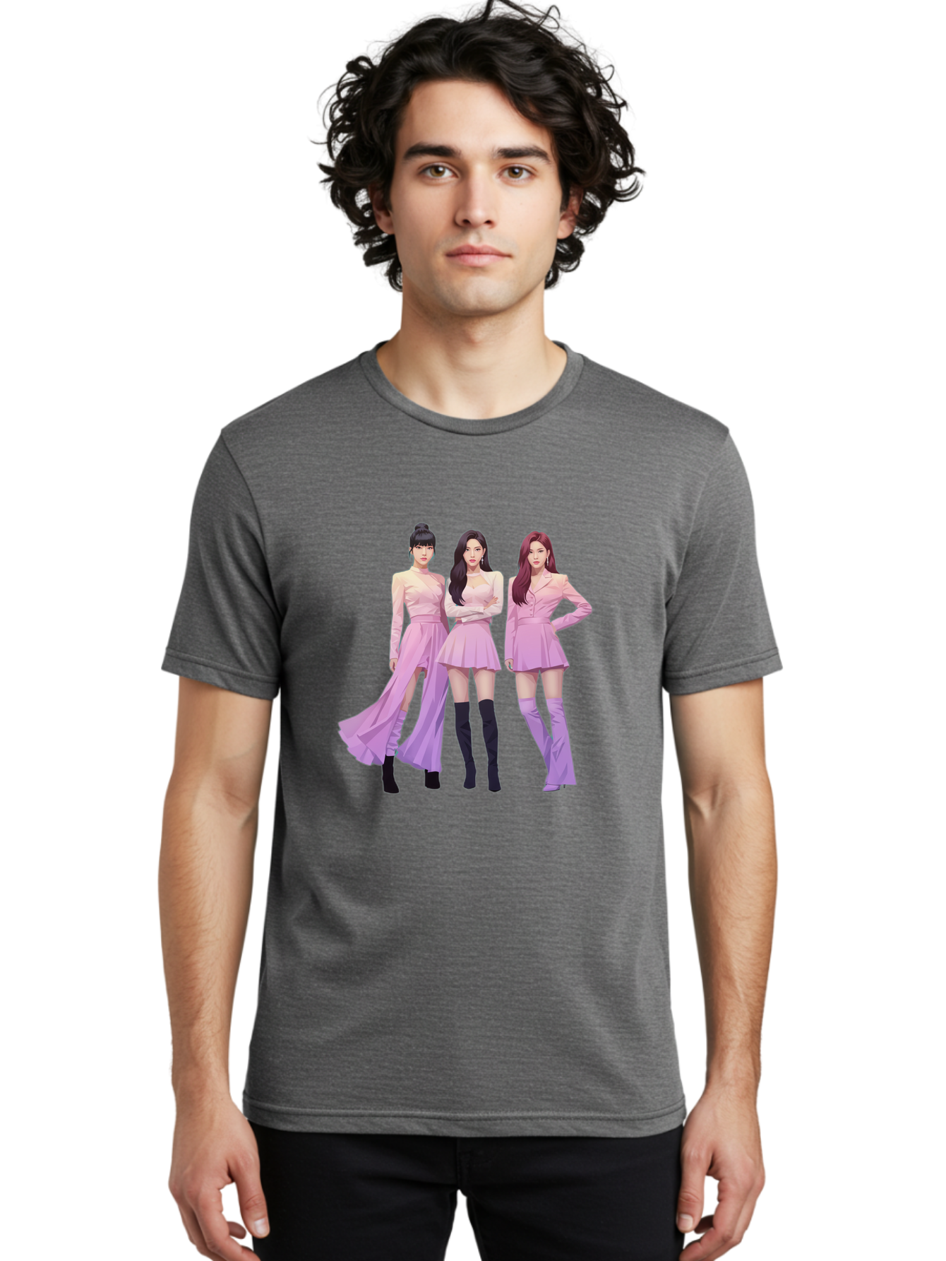 Pink-Ladies Men'S Graphic Tee, 100% Cotton, Comfortable Casual Summer Wear, Machine Washable, K-Pop Group, Female Idols, Pastel Pink Outfits, Elegant Attire, Flowing Dresses, Long Boots, Fashion Icons, Group Pose, Confident Stance, Bac252