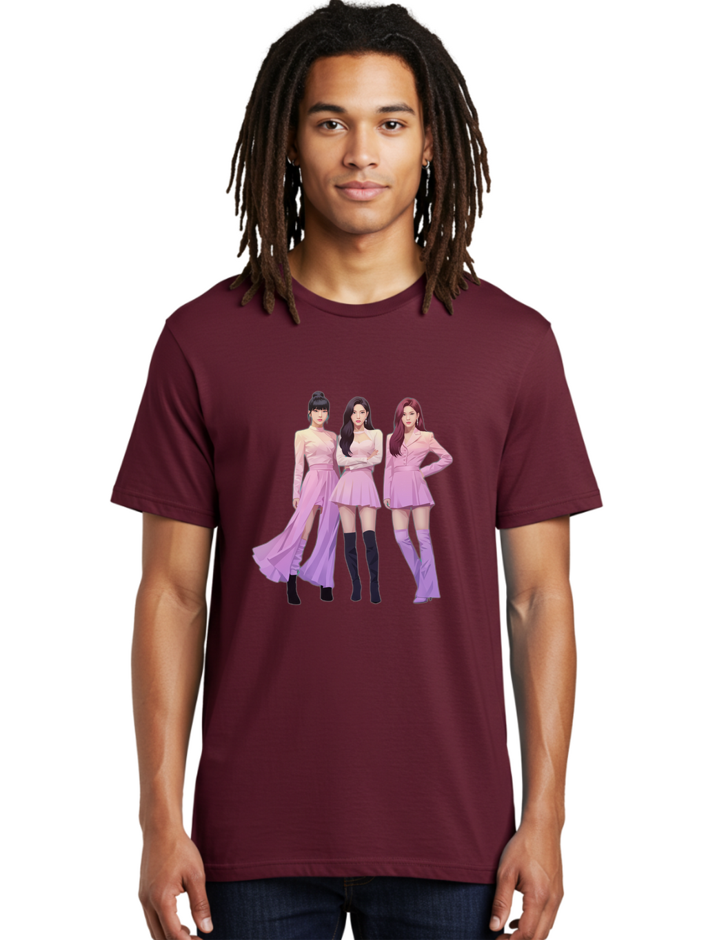 Pink-Ladies Men'S Graphic Tee, 100% Cotton, Comfortable Casual Summer Wear, Machine Washable, K-Pop Group, Female Idols, Pastel Pink Outfits, Elegant Attire, Flowing Dresses, Long Boots, Fashion Icons, Group Pose, Confident Stance, Bac252
