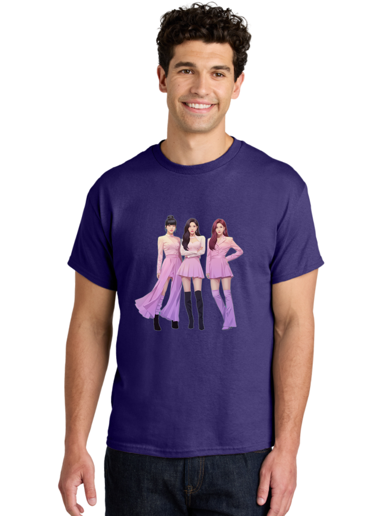 Pink-Ladies Men'S Graphic Tee, 100% Cotton, Comfortable Casual Summer Wear, Machine Washable, K-Pop Group, Female Idols, Pastel Pink Outfits, Elegant Attire, Flowing Dresses, Long Boots, Fashion Icons, Group Pose, Confident Stance, Bac252