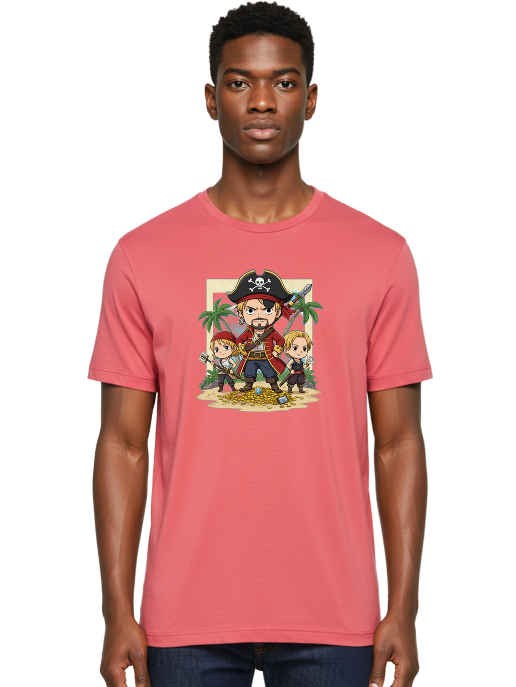 Pirate-And-Children Men'S Graphic Tee, 100% Cotton, Comfortable Casual Summer Wear, Machine Washable, Cartoon Pirate, Pirate Crew, Pirate Adventure, Swashbuckling, Treasure Hunt, Pirate Life, Pirate Kids, Pirate Art, Kids Illustration, Bac256