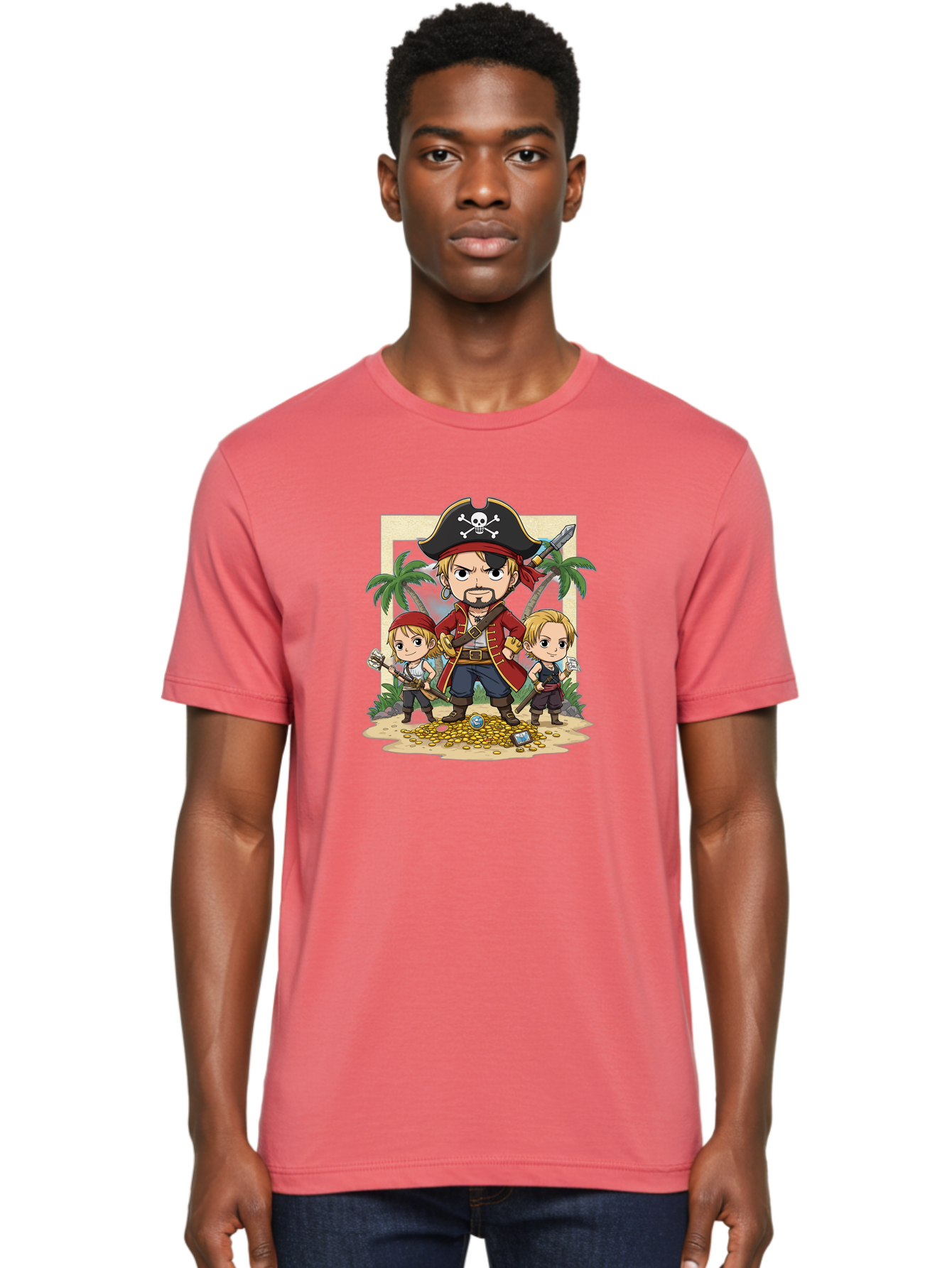 Pirate-And-Children Men'S Graphic Tee, 100% Cotton, Comfortable Casual Summer Wear, Machine Washable, Cartoon Pirate, Pirate Crew, Pirate Adventure, Swashbuckling, Treasure Hunt, Pirate Life, Pirate Kids, Pirate Art, Kids Illustration, Bac256