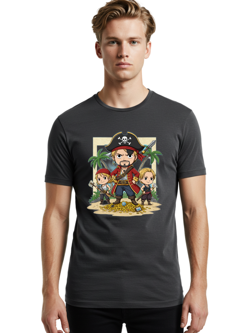 Pirate-And-Children Men'S Graphic Tee, 100% Cotton, Comfortable Casual Summer Wear, Machine Washable, Cartoon Pirate, Pirate Crew, Pirate Adventure, Swashbuckling, Treasure Hunt, Pirate Life, Pirate Kids, Pirate Art, Kids Illustration, Bac256