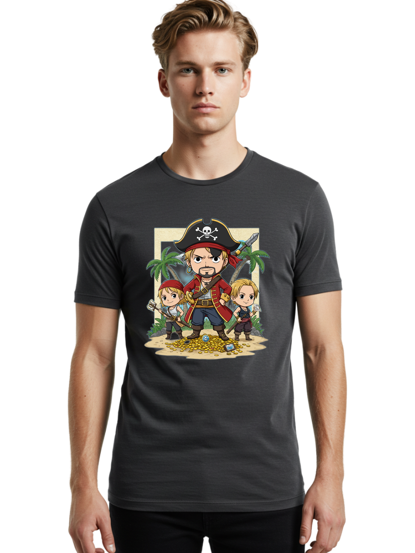 Pirate-And-Children Men'S Graphic Tee, 100% Cotton, Comfortable Casual Summer Wear, Machine Washable, Cartoon Pirate, Pirate Crew, Pirate Adventure, Swashbuckling, Treasure Hunt, Pirate Life, Pirate Kids, Pirate Art, Kids Illustration, Bac256