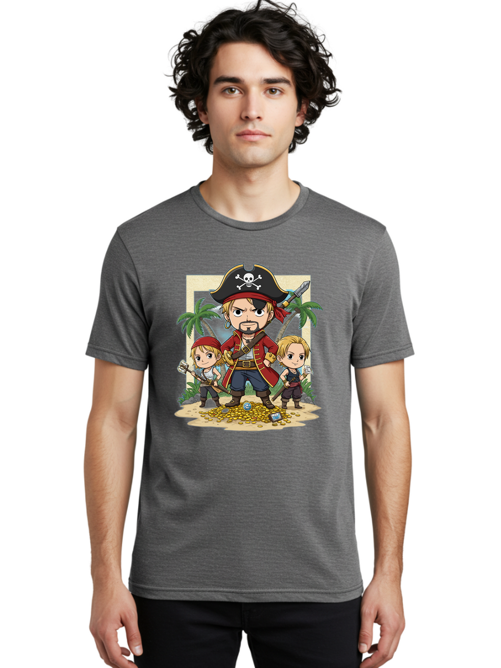 Pirate-And-Children Men'S Graphic Tee, 100% Cotton, Comfortable Casual Summer Wear, Machine Washable, Cartoon Pirate, Pirate Crew, Pirate Adventure, Swashbuckling, Treasure Hunt, Pirate Life, Pirate Kids, Pirate Art, Kids Illustration, Bac256