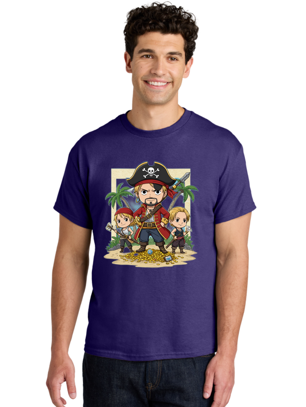 Pirate-And-Children Men'S Graphic Tee, 100% Cotton, Comfortable Casual Summer Wear, Machine Washable, Cartoon Pirate, Pirate Crew, Pirate Adventure, Swashbuckling, Treasure Hunt, Pirate Life, Pirate Kids, Pirate Art, Kids Illustration, Bac256
