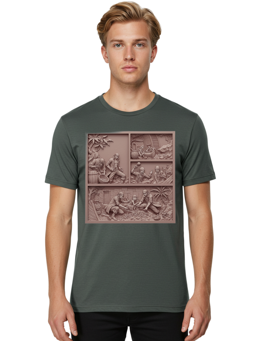 Pirates-Searching-For-Treasure Men'S Graphic Tee, 100% Cotton, Comfortable Casual Summer Wear, Machine Washable, Pirate Scene, Pirate Treasure, Pirate Life, Pirate Adventure, Pirate Loot, Pirate Gold, Buried Treasure, Pirate Theme, Bac258