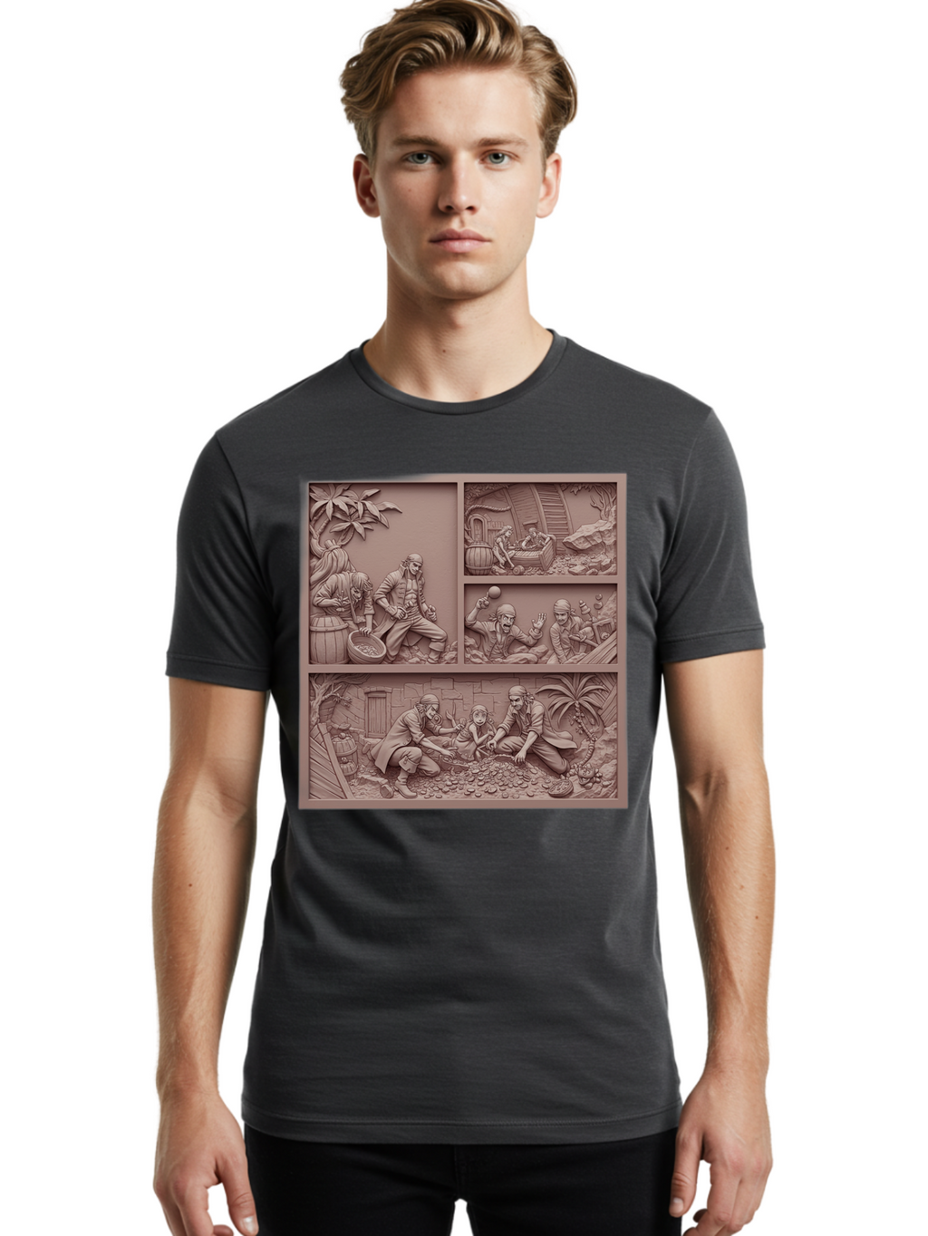 Pirates-Searching-For-Treasure Men'S Graphic Tee, 100% Cotton, Comfortable Casual Summer Wear, Machine Washable, Pirate Scene, Pirate Treasure, Pirate Life, Pirate Adventure, Pirate Loot, Pirate Gold, Buried Treasure, Pirate Theme, Bac258