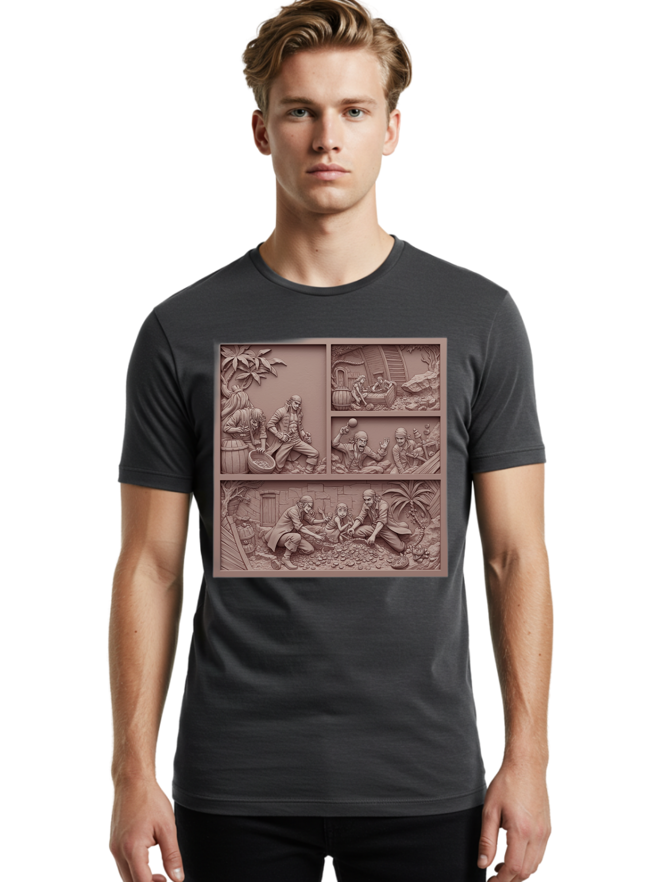 Pirates-Searching-For-Treasure Men'S Graphic Tee, 100% Cotton, Comfortable Casual Summer Wear, Machine Washable, Pirate Scene, Pirate Treasure, Pirate Life, Pirate Adventure, Pirate Loot, Pirate Gold, Buried Treasure, Pirate Theme, Bac258