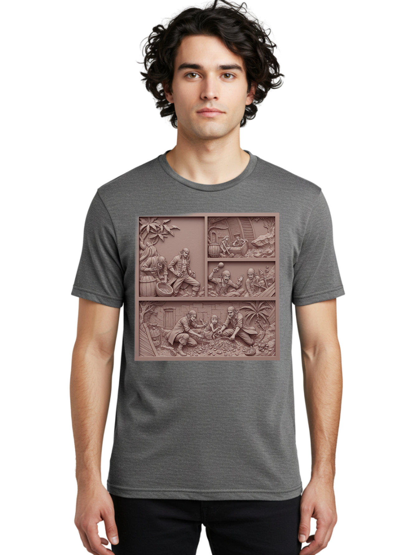 Pirates-Searching-For-Treasure Men'S Graphic Tee, 100% Cotton, Comfortable Casual Summer Wear, Machine Washable, Pirate Scene, Pirate Treasure, Pirate Life, Pirate Adventure, Pirate Loot, Pirate Gold, Buried Treasure, Pirate Theme, Bac258