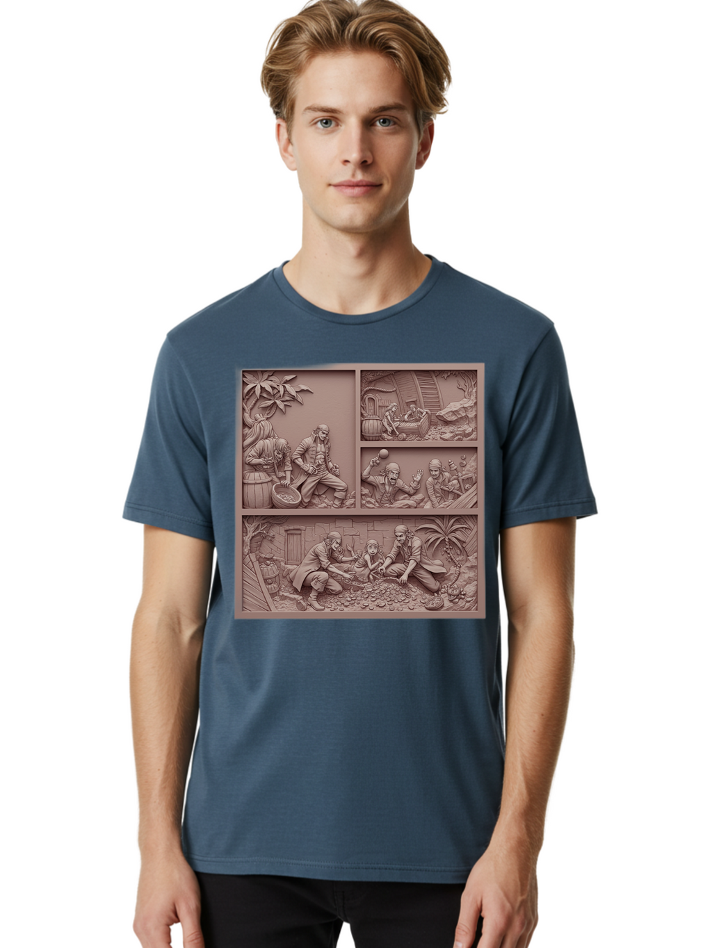 Pirates-Searching-For-Treasure Men'S Graphic Tee, 100% Cotton, Comfortable Casual Summer Wear, Machine Washable, Pirate Scene, Pirate Treasure, Pirate Life, Pirate Adventure, Pirate Loot, Pirate Gold, Buried Treasure, Pirate Theme, Bac258