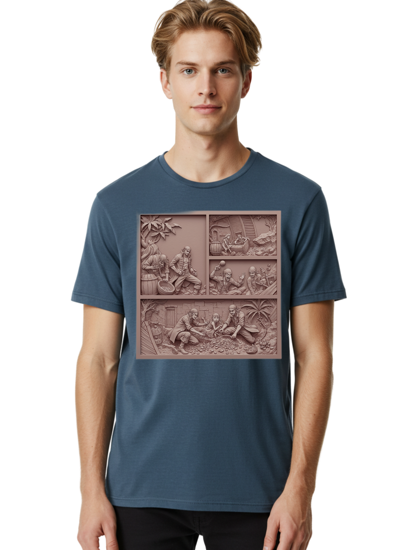 Pirates-Searching-For-Treasure Men'S Graphic Tee, 100% Cotton, Comfortable Casual Summer Wear, Machine Washable, Pirate Scene, Pirate Treasure, Pirate Life, Pirate Adventure, Pirate Loot, Pirate Gold, Buried Treasure, Pirate Theme, Bac258