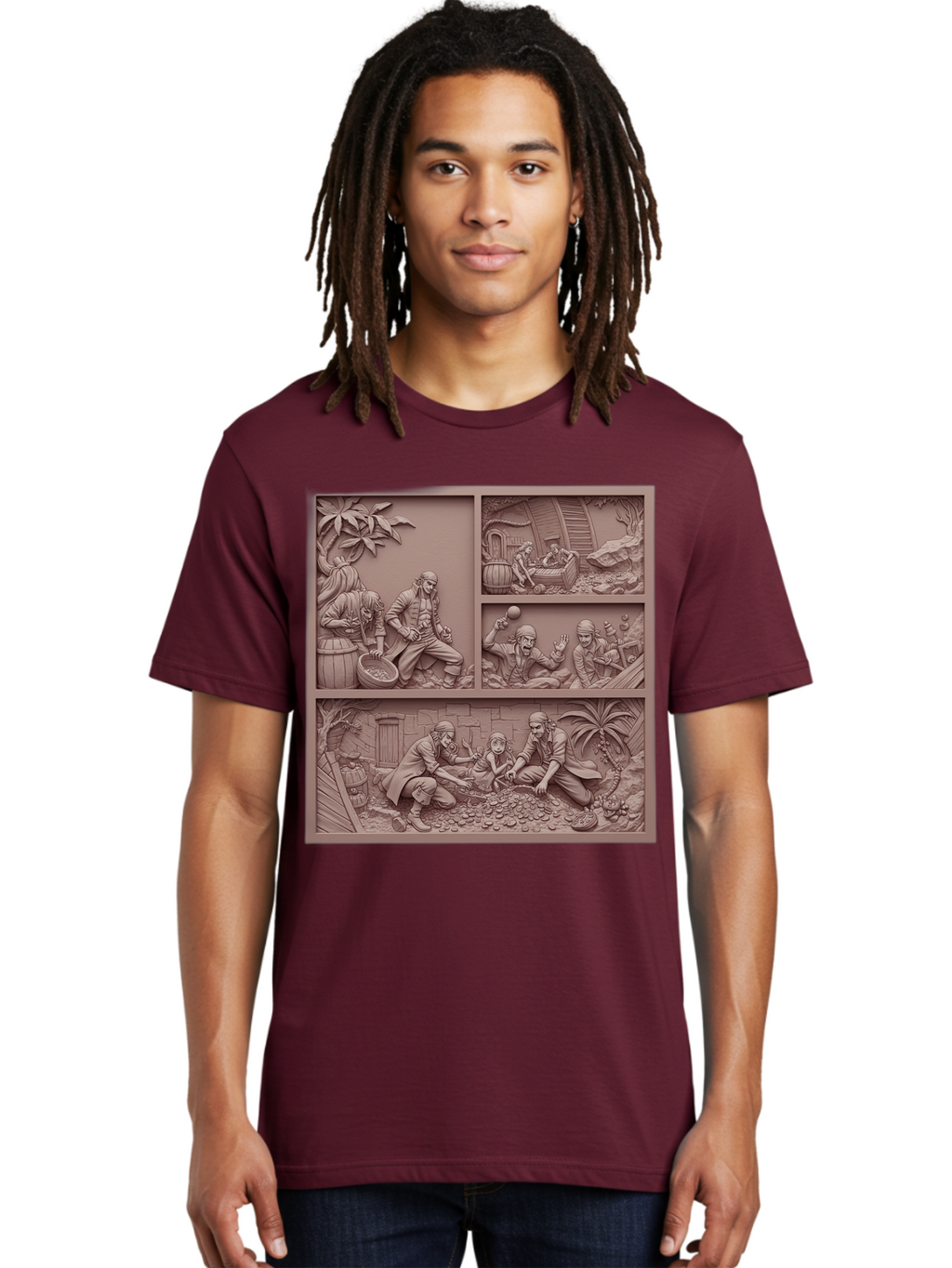 Pirates-Searching-For-Treasure Men'S Graphic Tee, 100% Cotton, Comfortable Casual Summer Wear, Machine Washable, Pirate Scene, Pirate Treasure, Pirate Life, Pirate Adventure, Pirate Loot, Pirate Gold, Buried Treasure, Pirate Theme, Bac258