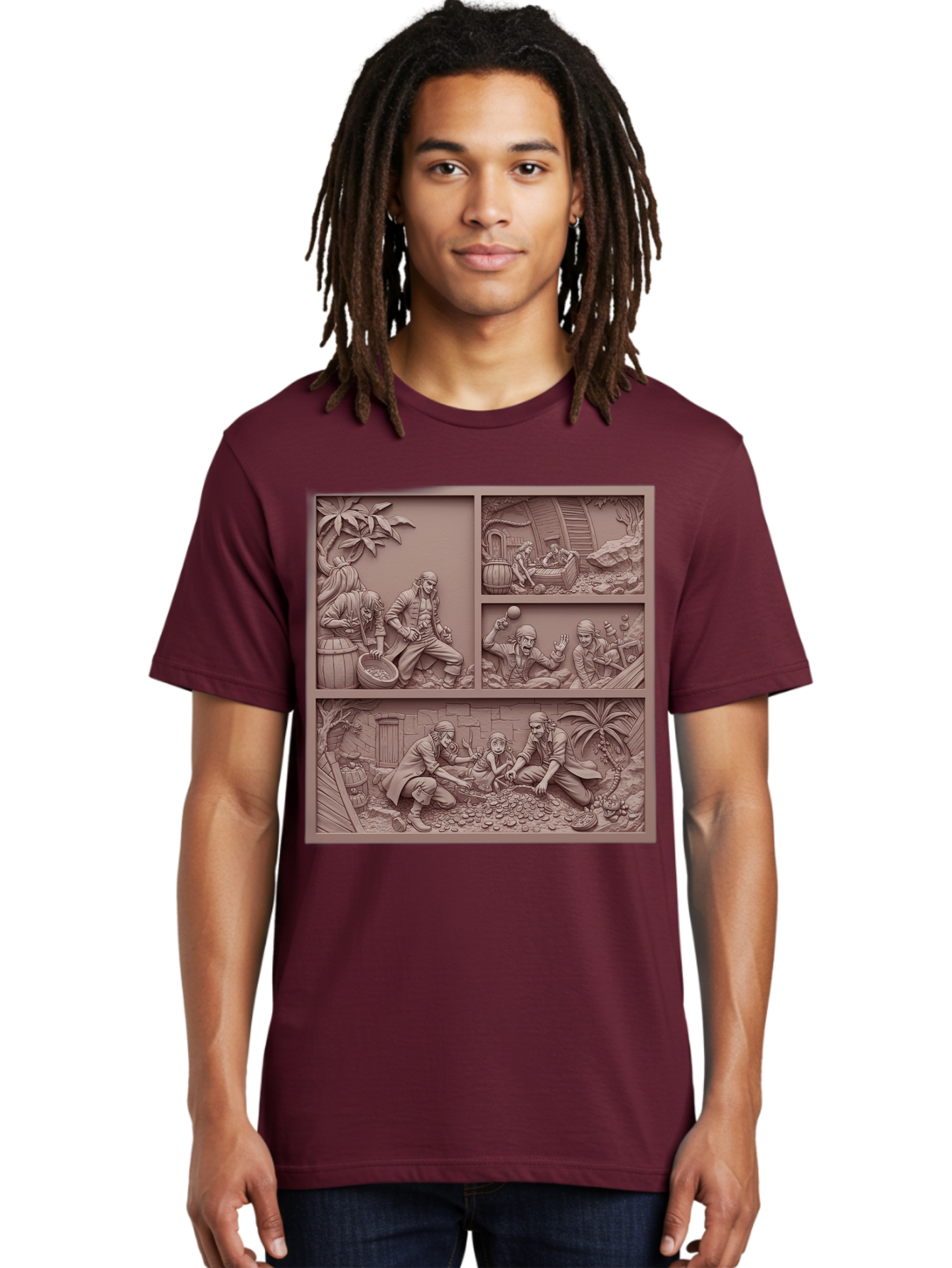Pirates-Searching-For-Treasure Men'S Graphic Tee, 100% Cotton, Comfortable Casual Summer Wear, Machine Washable, Pirate Scene, Pirate Treasure, Pirate Life, Pirate Adventure, Pirate Loot, Pirate Gold, Buried Treasure, Pirate Theme, Bac258