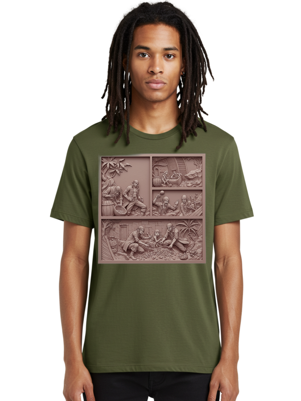 Pirates-Searching-For-Treasure Men'S Graphic Tee, 100% Cotton, Comfortable Casual Summer Wear, Machine Washable, Pirate Scene, Pirate Treasure, Pirate Life, Pirate Adventure, Pirate Loot, Pirate Gold, Buried Treasure, Pirate Theme, Bac258