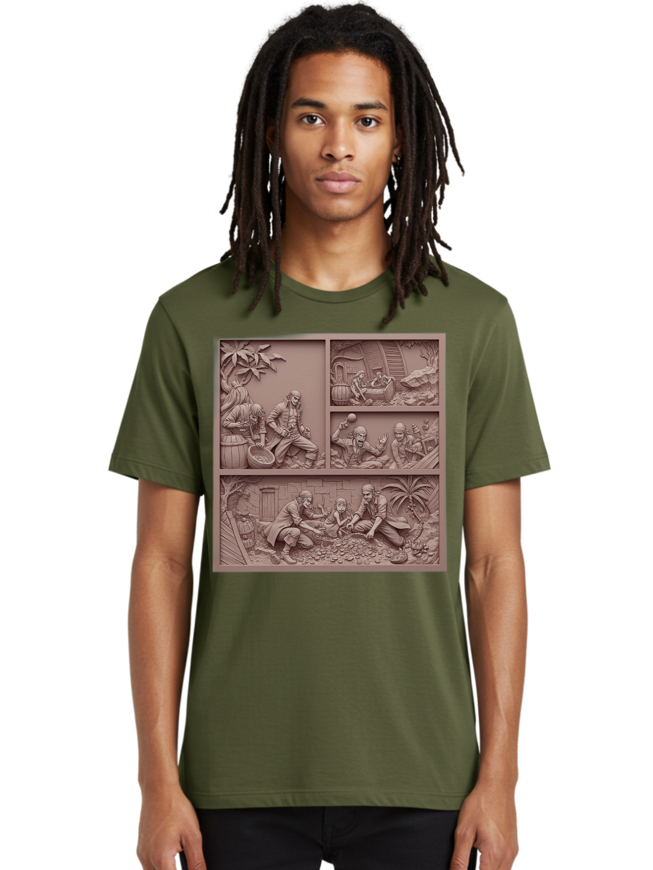 Pirates-Searching-For-Treasure Men'S Graphic Tee, 100% Cotton, Comfortable Casual Summer Wear, Machine Washable, Pirate Scene, Pirate Treasure, Pirate Life, Pirate Adventure, Pirate Loot, Pirate Gold, Buried Treasure, Pirate Theme, Bac258