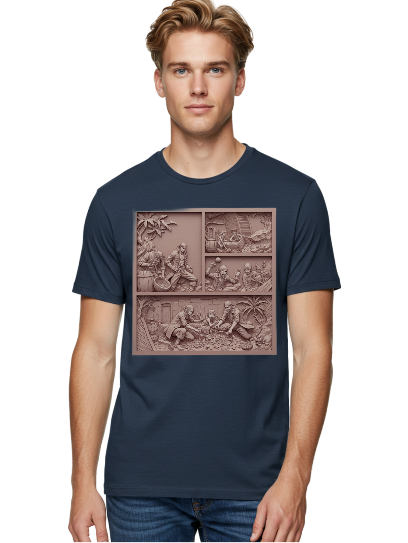 Pirates-Searching-For-Treasure Men'S Graphic Tee, 100% Cotton, Comfortable Casual Summer Wear, Machine Washable, Pirate Scene, Pirate Treasure, Pirate Life, Pirate Adventure, Pirate Loot, Pirate Gold, Buried Treasure, Pirate Theme, Bac258
