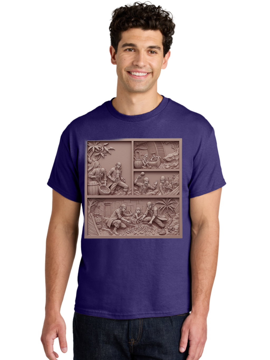 Pirates-Searching-For-Treasure Men'S Graphic Tee, 100% Cotton, Comfortable Casual Summer Wear, Machine Washable, Pirate Scene, Pirate Treasure, Pirate Life, Pirate Adventure, Pirate Loot, Pirate Gold, Buried Treasure, Pirate Theme, Bac258