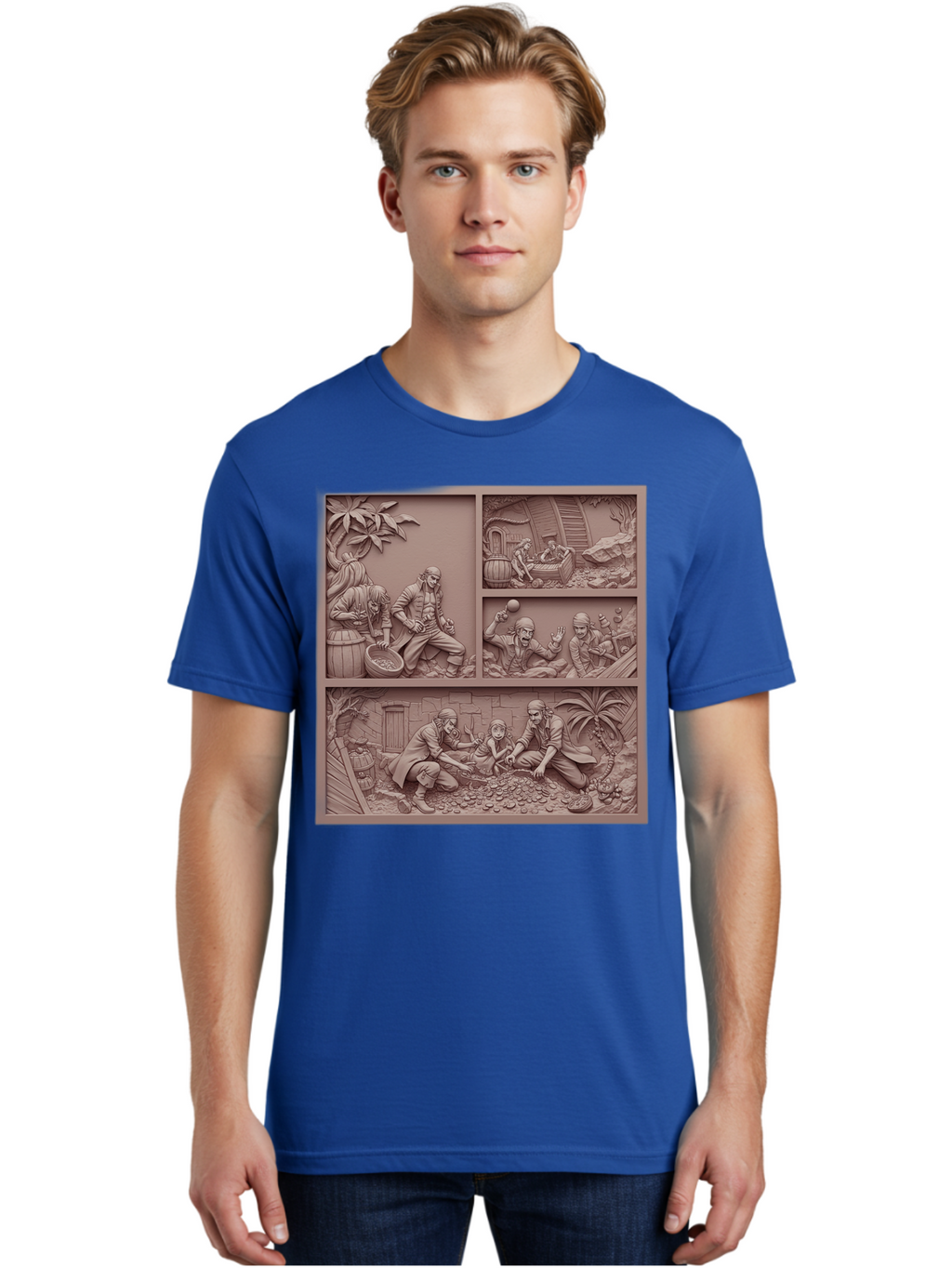 Pirates-Searching-For-Treasure Men'S Graphic Tee, 100% Cotton, Comfortable Casual Summer Wear, Machine Washable, Pirate Scene, Pirate Treasure, Pirate Life, Pirate Adventure, Pirate Loot, Pirate Gold, Buried Treasure, Pirate Theme, Bac258