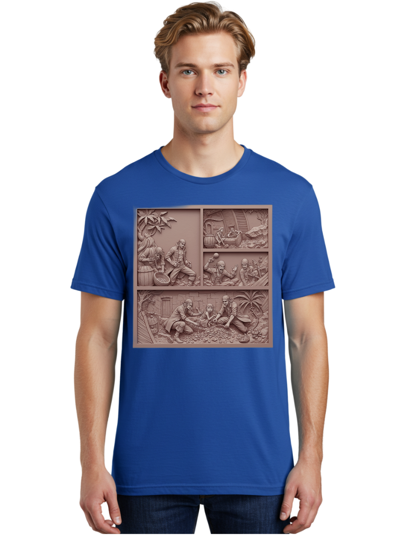 Pirates-Searching-For-Treasure Men'S Graphic Tee, 100% Cotton, Comfortable Casual Summer Wear, Machine Washable, Pirate Scene, Pirate Treasure, Pirate Life, Pirate Adventure, Pirate Loot, Pirate Gold, Buried Treasure, Pirate Theme, Bac258