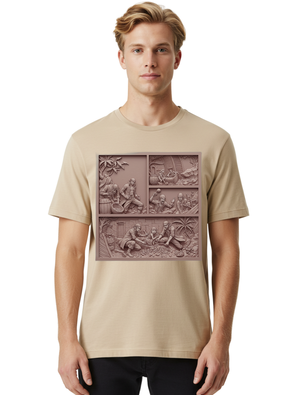 Pirates-Searching-For-Treasure Men'S Graphic Tee, 100% Cotton, Comfortable Casual Summer Wear, Machine Washable, Pirate Scene, Pirate Treasure, Pirate Life, Pirate Adventure, Pirate Loot, Pirate Gold, Buried Treasure, Pirate Theme, Bac258
