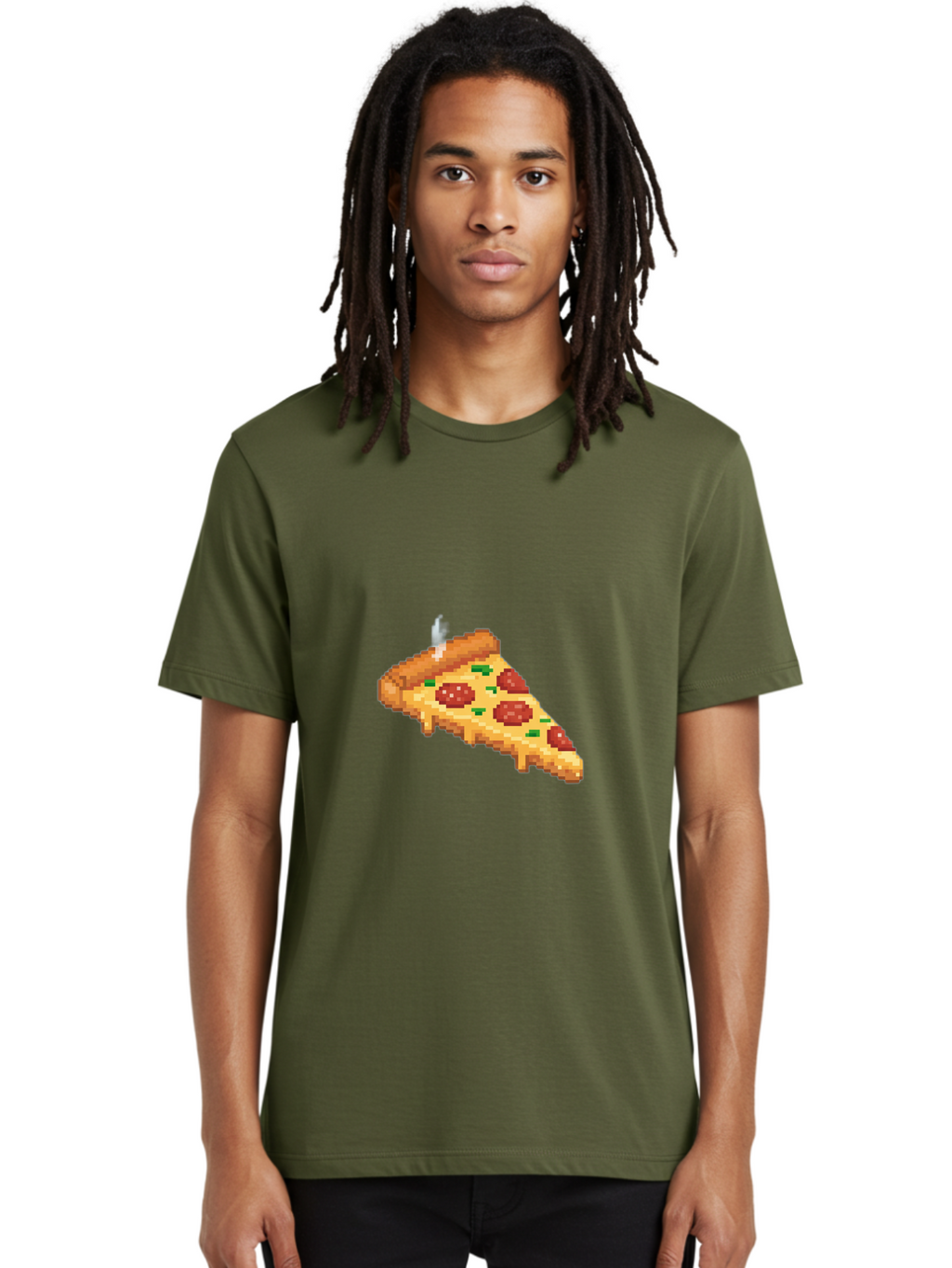 Pixelated-Pizza-Slice Men'S Graphic Tee, 100% Cotton, Comfortable Casual Summer Wear, Machine Washable, Delicious Pepperoni Pizza, Cheesy Goodness, Pixel Art, Retro Video Game, Tasty Treat, Melted Cheese, Savory Flavors, Foodie Delight Bac259