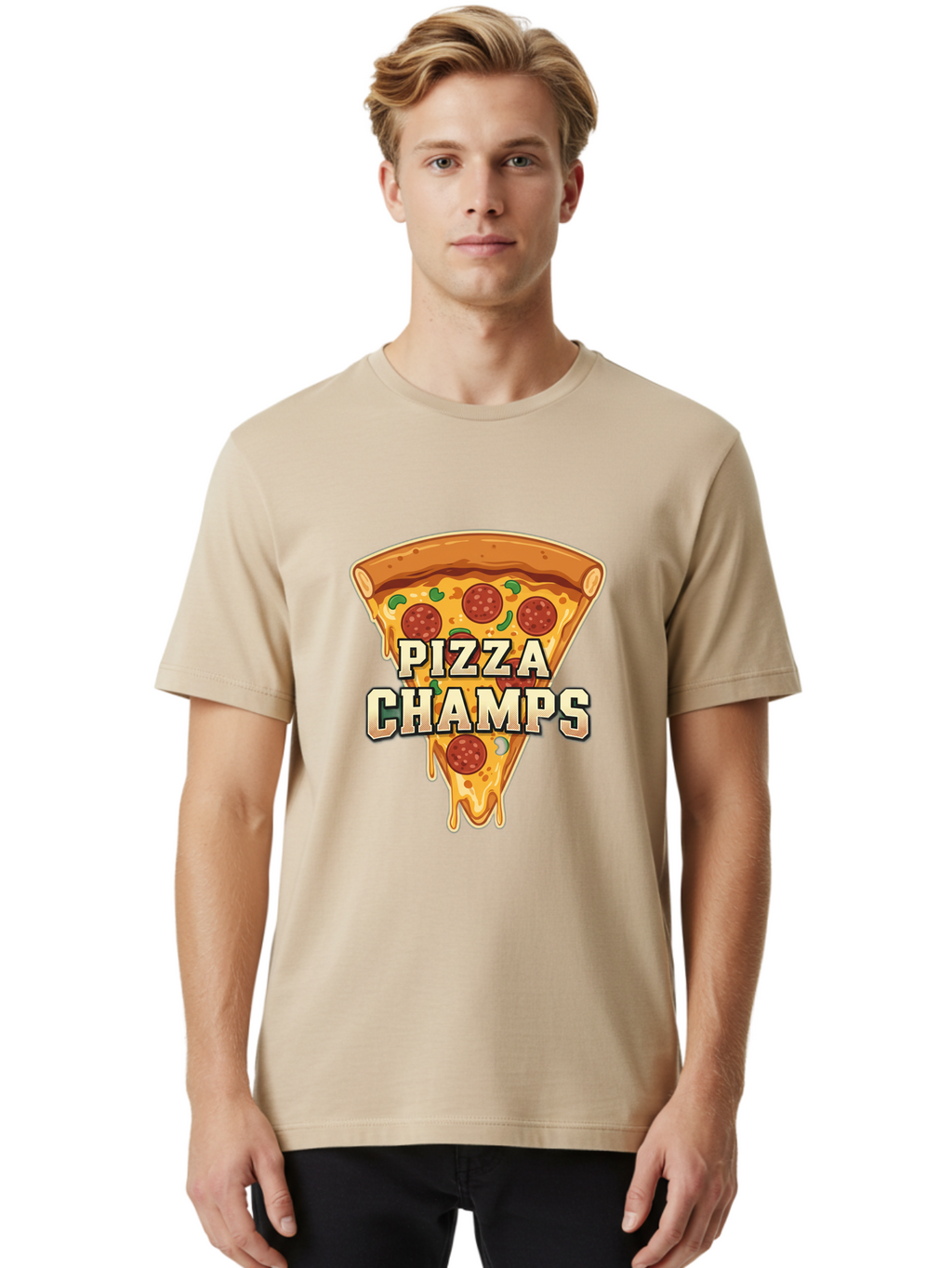 Pizza-Champs Men'S Graphic Tee, 100% Cotton, Comfortable Casual Summer Wear, Machine Washable, Pepperoni Pizza Slice, Cheese Stretch, Pizza Toppings, Italian Food, Pizza Champions, Gaming Logo, Cartoon Style, Appetizing Pizza, Cheesy Pizza, Bac261