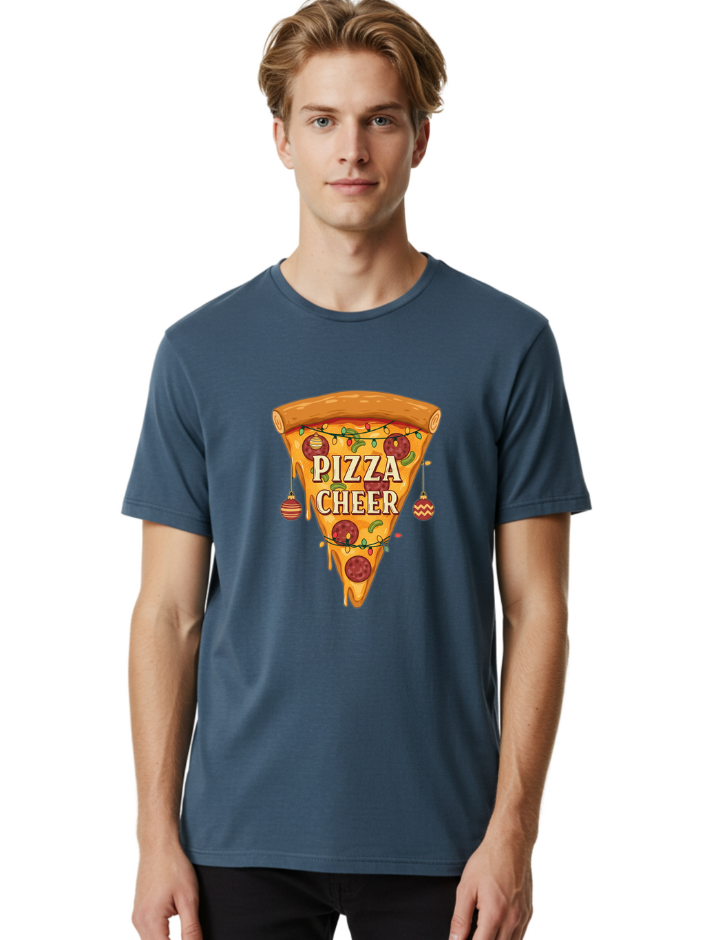Pizza-Cheer Men'S Graphic Tee, 100% Cotton, Comfortable Casual Summer Wear, Machine Washable, Pizza Slice, Pepperoni Pizza, Christmas Decorations, Holiday Cheer, Festive Food, Delicious Pizza, Christmas Ornaments, Pizza Party, Merry Christmas Bac262
