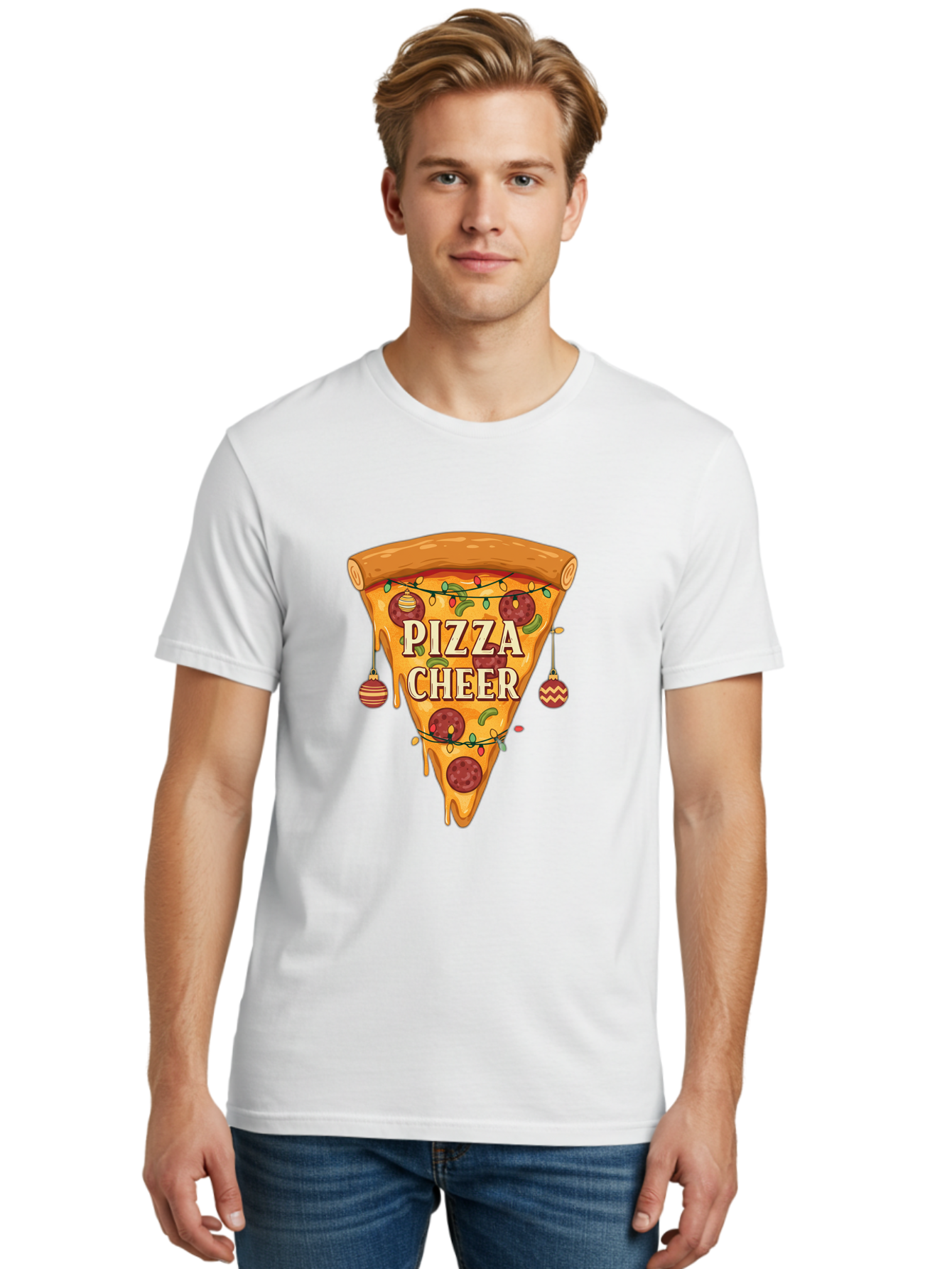 Pizza-Cheer Men'S Graphic Tee, 100% Cotton, Comfortable Casual Summer Wear, Machine Washable, Pizza Slice, Pepperoni Pizza, Christmas Decorations, Holiday Cheer, Festive Food, Delicious Pizza, Christmas Ornaments, Pizza Party, Merry Christmas Bac262