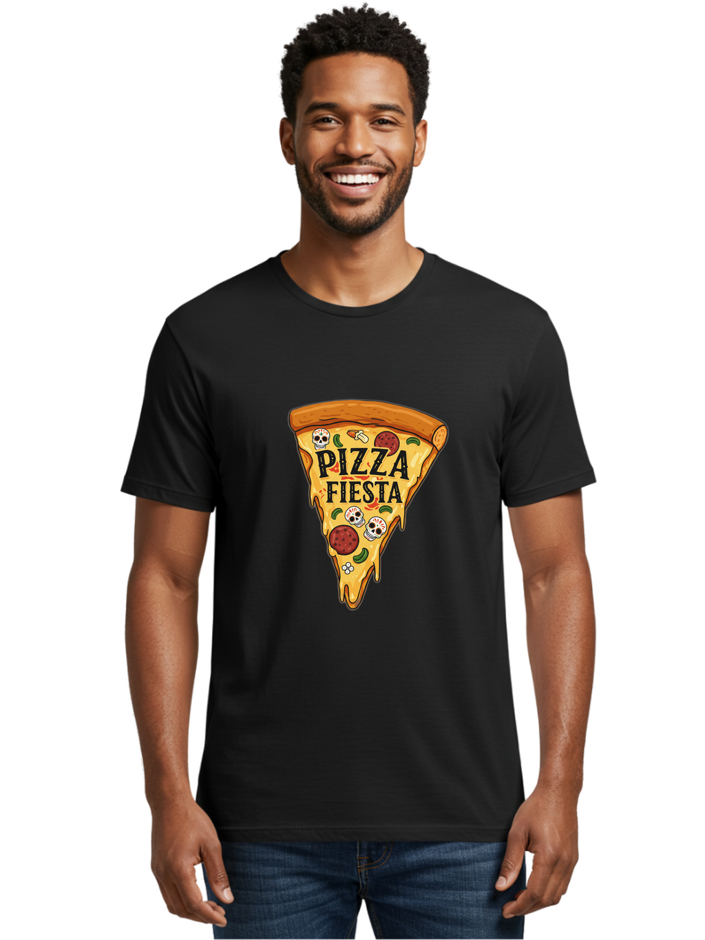 Pizza-Fiesta Men'S Graphic Tee, 100% Cotton, Comfortable Casual Summer Wear, Machine Washable, Pizza Slice, Melted Cheese, Pepperoni Topping, Jalapeno Peppers, Skull Decoration, Fiesta Theme, Cartoon Style, Savory Food, Spicy Pizza, Bac264