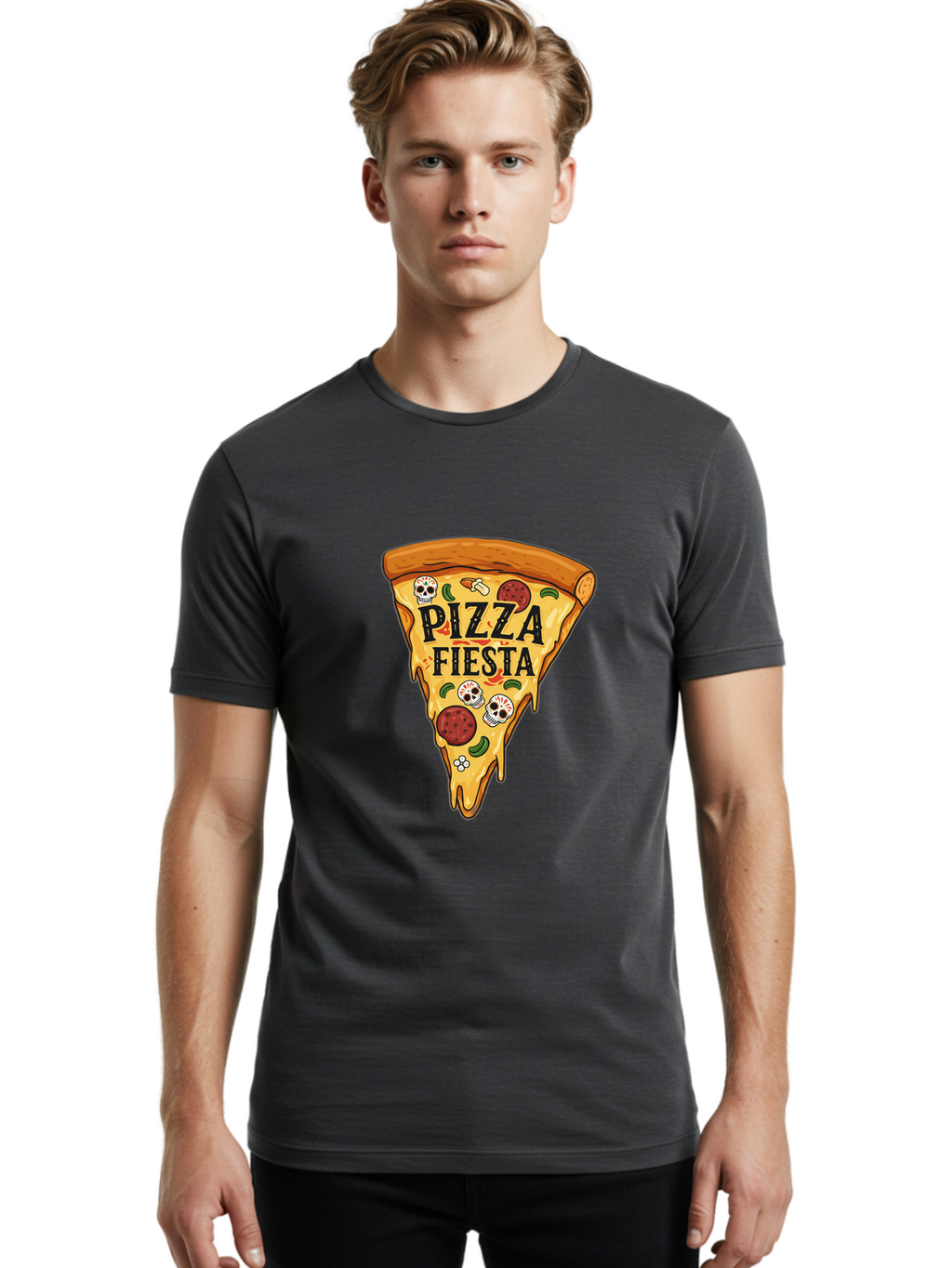 Pizza-Fiesta Men'S Graphic Tee, 100% Cotton, Comfortable Casual Summer Wear, Machine Washable, Pizza Slice, Melted Cheese, Pepperoni Topping, Jalapeno Peppers, Skull Decoration, Fiesta Theme, Cartoon Style, Savory Food, Spicy Pizza, Bac264