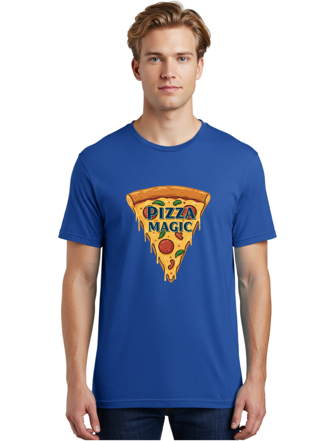 Pizza-Magic Men'S Graphic Tee, 100% Cotton, Comfortable Casual Summer Wear, Machine Washable, Pizza Slice, Cheesy Goodness, Pepperoni Pizza, Basil Leaves, Gooey Cheese, Melting Cheese, Savory Delight, Pizza Magic Bac265