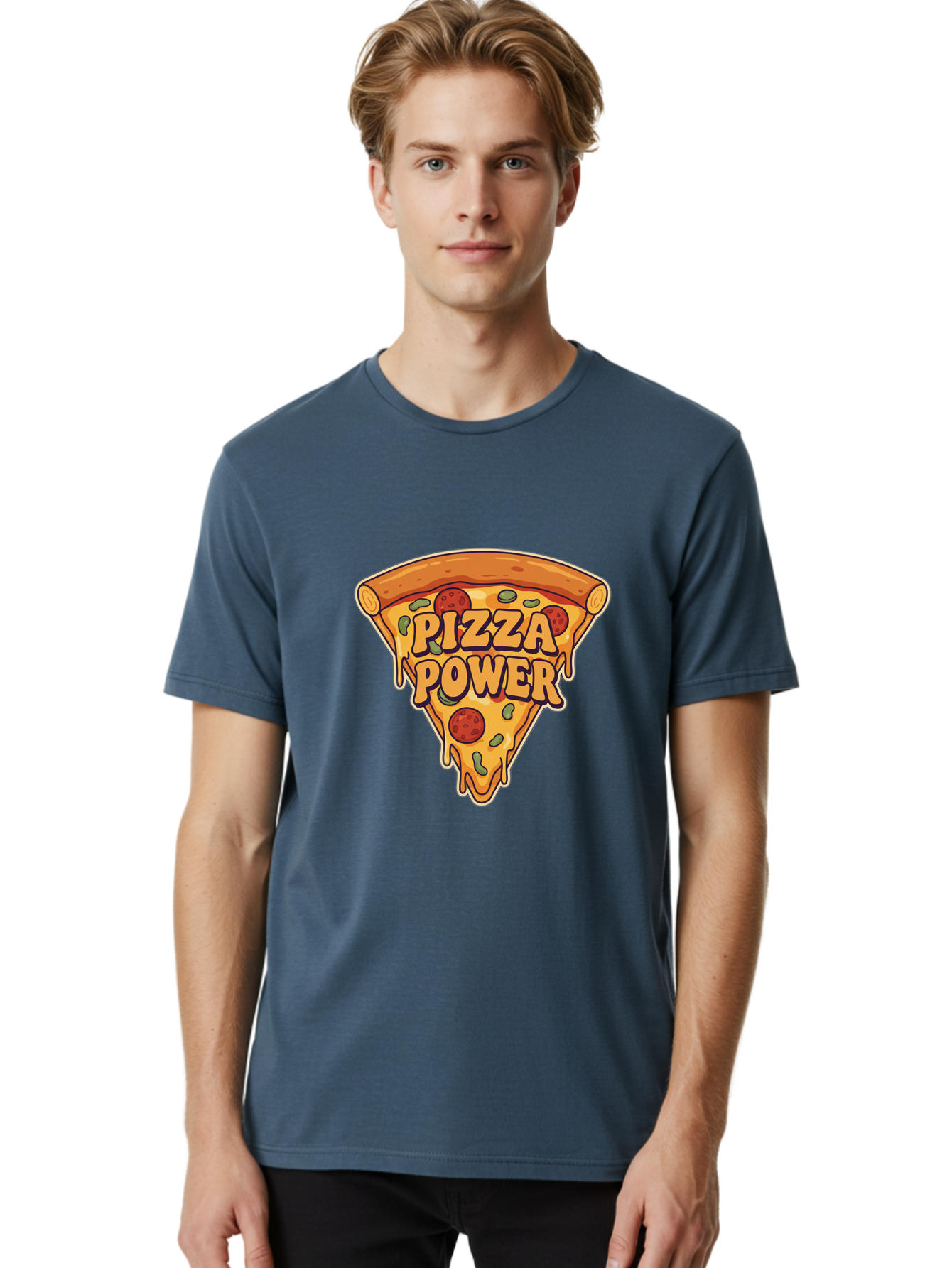 Pizza-Power Men'S Graphic Tee, 100% Cotton, Comfortable Casual Summer Wear, Machine Washable, Pizza Slice, Melted Cheese, Pepperoni Pizza, Jalapenos, Cartoon Style, Food Illustration, Melted Mozzarella, Pizza Toppings Bac267