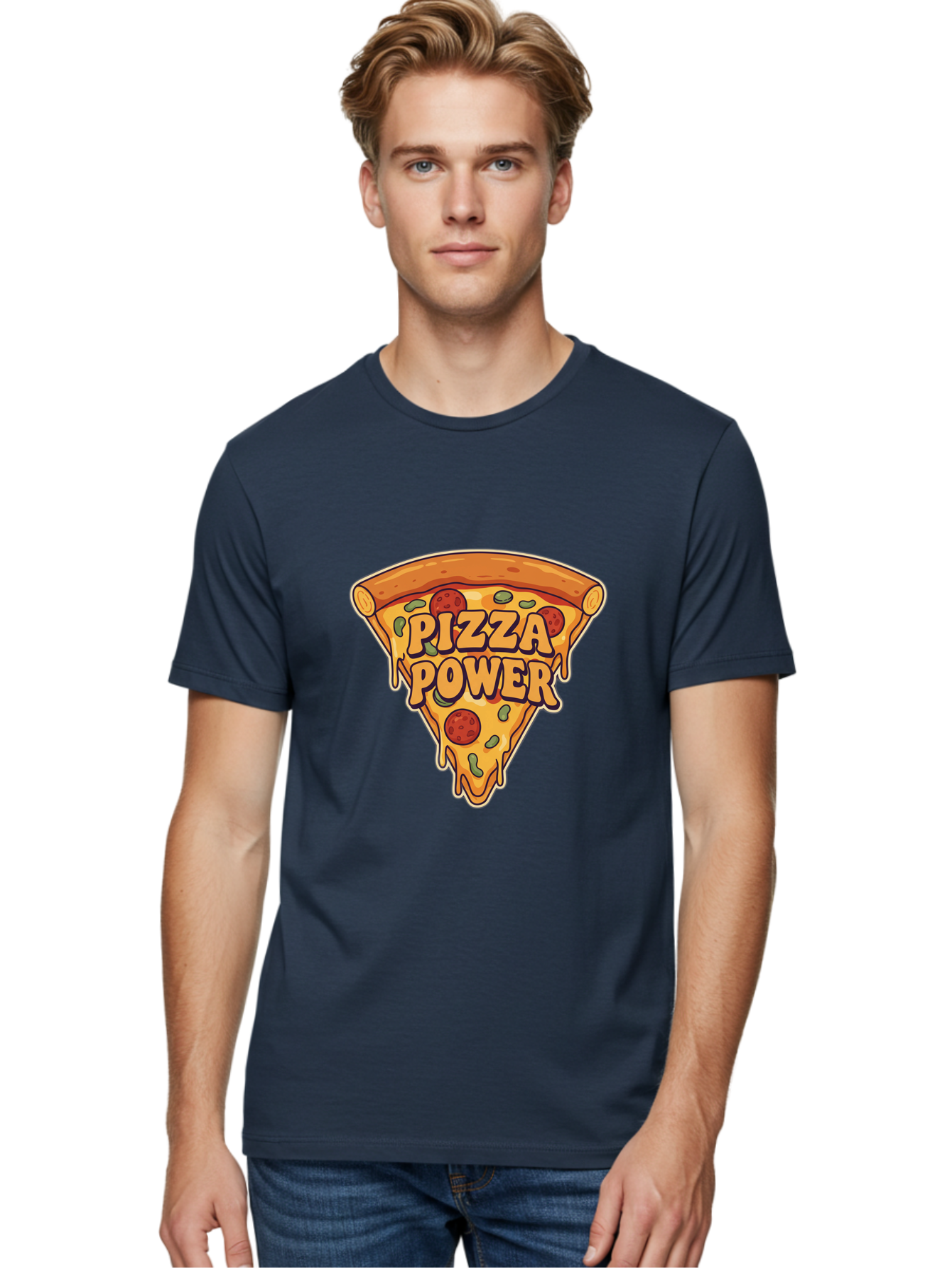 Pizza-Power Men'S Graphic Tee, 100% Cotton, Comfortable Casual Summer Wear, Machine Washable, Pizza Slice, Melted Cheese, Pepperoni Pizza, Jalapenos, Cartoon Style, Food Illustration, Melted Mozzarella, Pizza Toppings Bac267