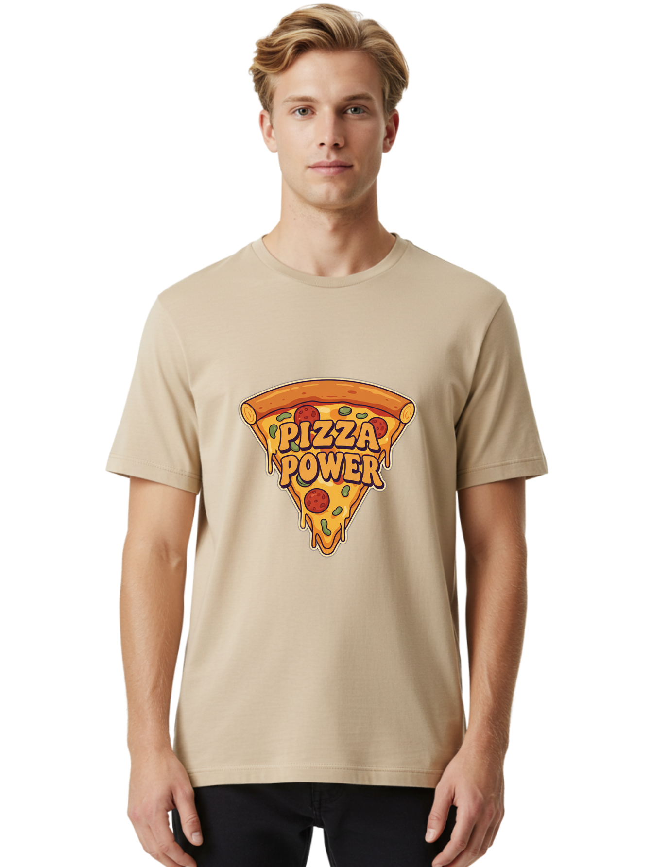 Pizza-Power Men'S Graphic Tee, 100% Cotton, Comfortable Casual Summer Wear, Machine Washable, Pizza Slice, Melted Cheese, Pepperoni Pizza, Jalapenos, Cartoon Style, Food Illustration, Melted Mozzarella, Pizza Toppings Bac267