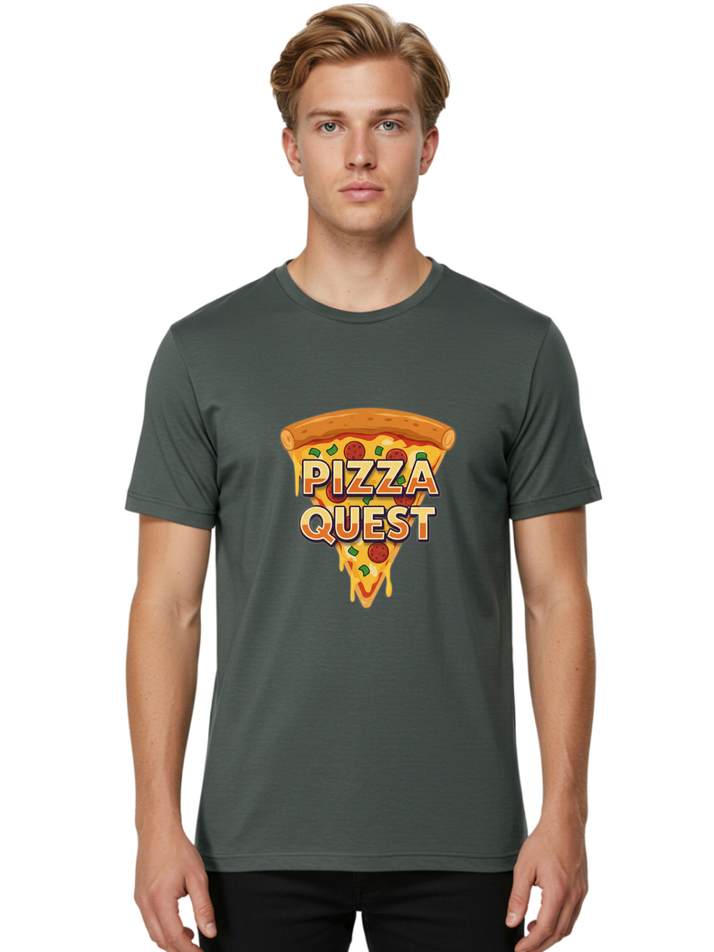 Pizza-Quest Men'S Graphic Tee, 100% Cotton, Comfortable Casual Summer Wear, Machine Washable, Pizza Slice, Melted Cheese, Pepperoni Pizza, Green Peppers, Cartoon Pizza, Food Illustration, Cheesy Goodness, Pizza Lovers, Gaming Logo Bac268