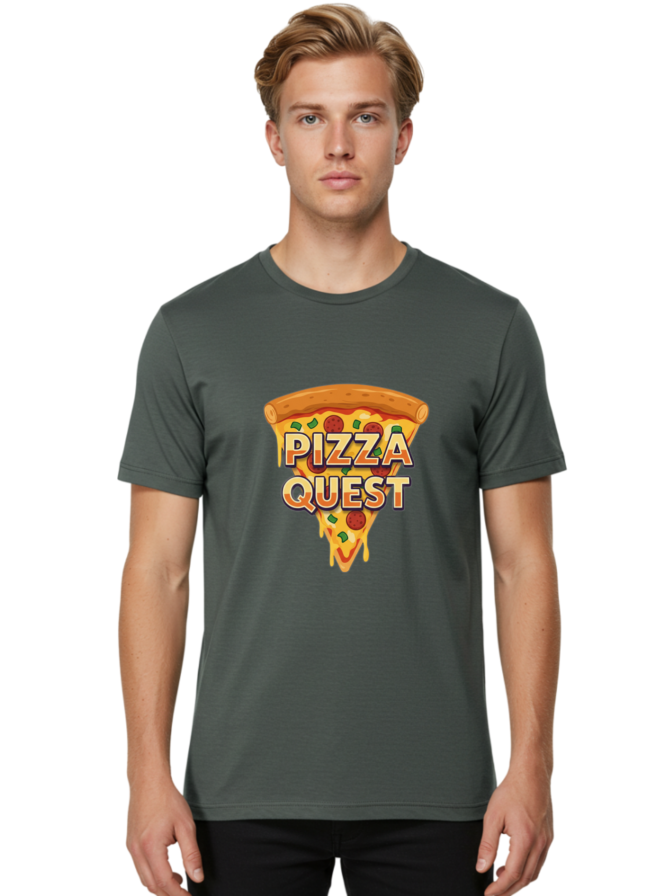 Pizza-Quest Men'S Graphic Tee, 100% Cotton, Comfortable Casual Summer Wear, Machine Washable, Pizza Slice, Melted Cheese, Pepperoni Pizza, Green Peppers, Cartoon Pizza, Food Illustration, Cheesy Goodness, Pizza Lovers, Gaming Logo Bac268