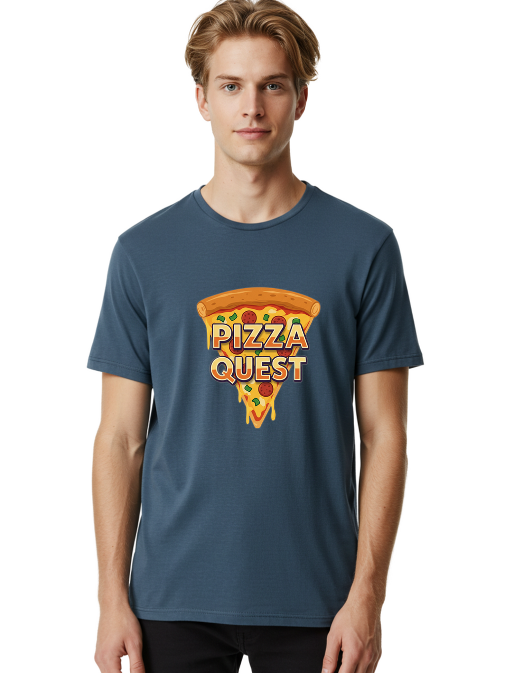 Pizza-Quest Men'S Graphic Tee, 100% Cotton, Comfortable Casual Summer Wear, Machine Washable, Pizza Slice, Melted Cheese, Pepperoni Pizza, Green Peppers, Cartoon Pizza, Food Illustration, Cheesy Goodness, Pizza Lovers, Gaming Logo Bac268