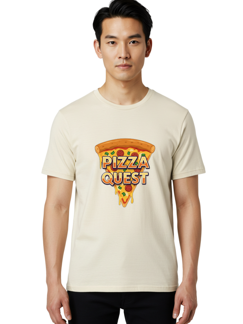 Pizza-Quest Men'S Graphic Tee, 100% Cotton, Comfortable Casual Summer Wear, Machine Washable, Pizza Slice, Melted Cheese, Pepperoni Pizza, Green Peppers, Cartoon Pizza, Food Illustration, Cheesy Goodness, Pizza Lovers, Gaming Logo Bac268