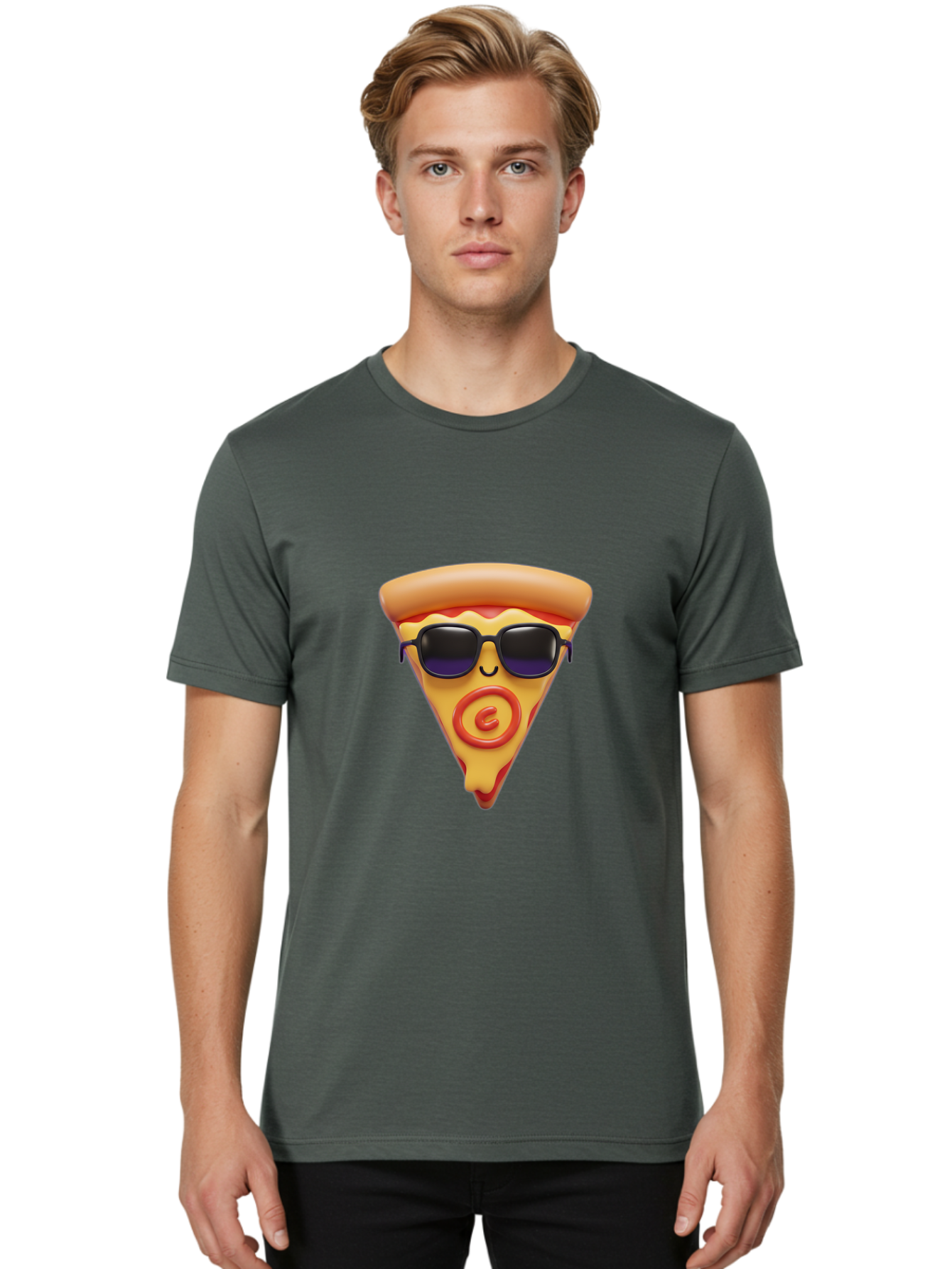 Pizza-Slice-10 Men'S Graphic Tee, 100% Cotton, Comfortable Casual Summer Wear, Machine Washable, Cartoon Pizza Slice, Smiling Face, Sunglasses, Red Swirl, Playful Design, Food Illustration, Whimsical Character, Trendy Vibe, Funny Graphic Bac270