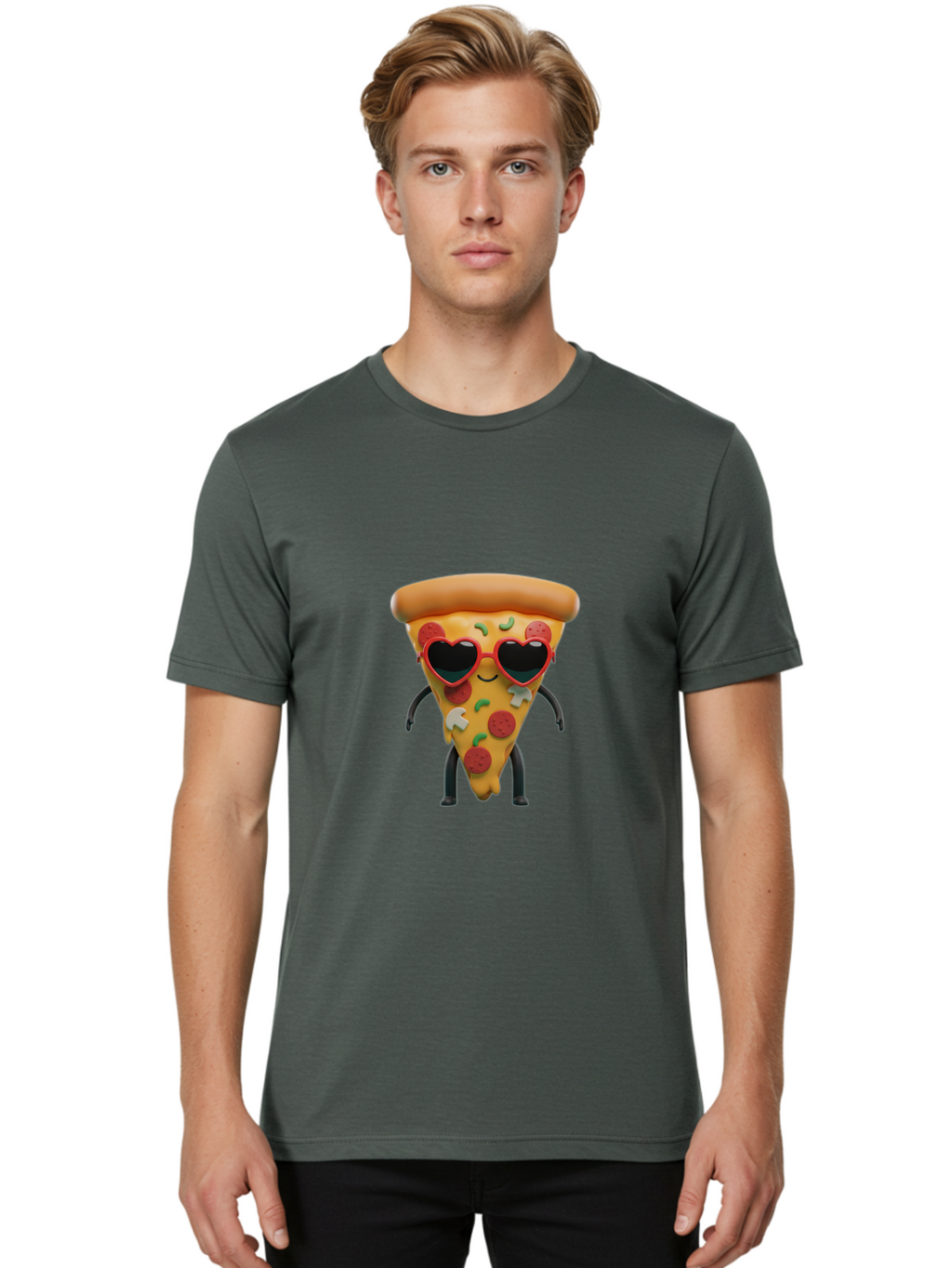 Pizza-Slice-11 Men'S Graphic Tee, 100% Cotton, Comfortable Casual Summer Wear, Machine Washable, Cartoon Pizza Slice, Heart-Shaped Sunglasses, Kawaii Character, Funny Face, Italian Food, Cartoon Food, Pepperoni Pizza, Cute Design, Bac271