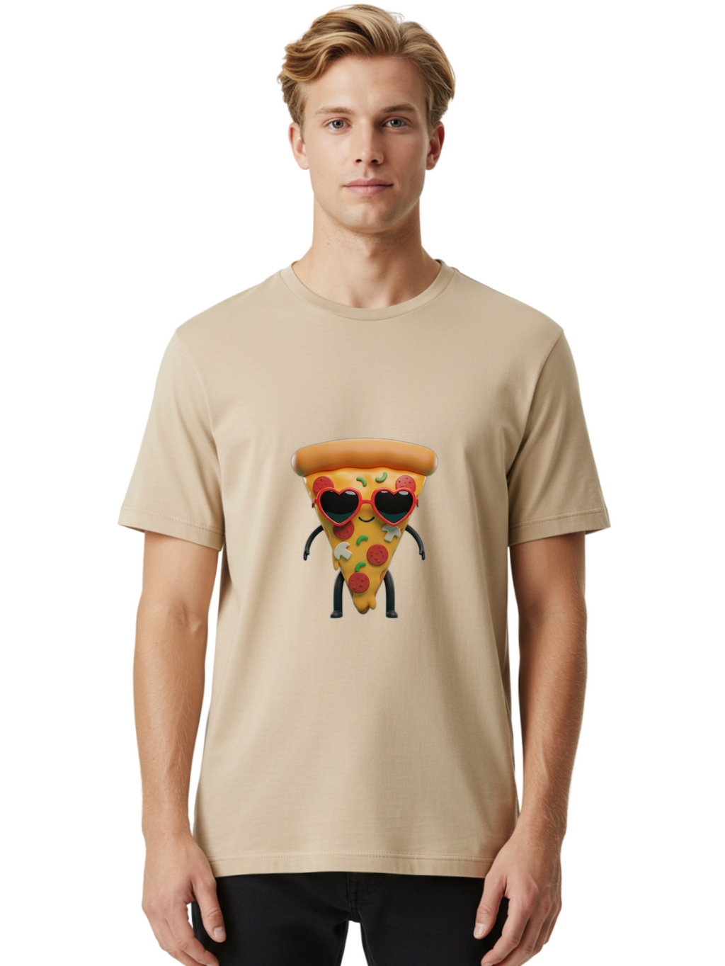 Pizza-Slice-11 Men'S Graphic Tee, 100% Cotton, Comfortable Casual Summer Wear, Machine Washable, Cartoon Pizza Slice, Heart-Shaped Sunglasses, Kawaii Character, Funny Face, Italian Food, Cartoon Food, Pepperoni Pizza, Cute Design, Bac271