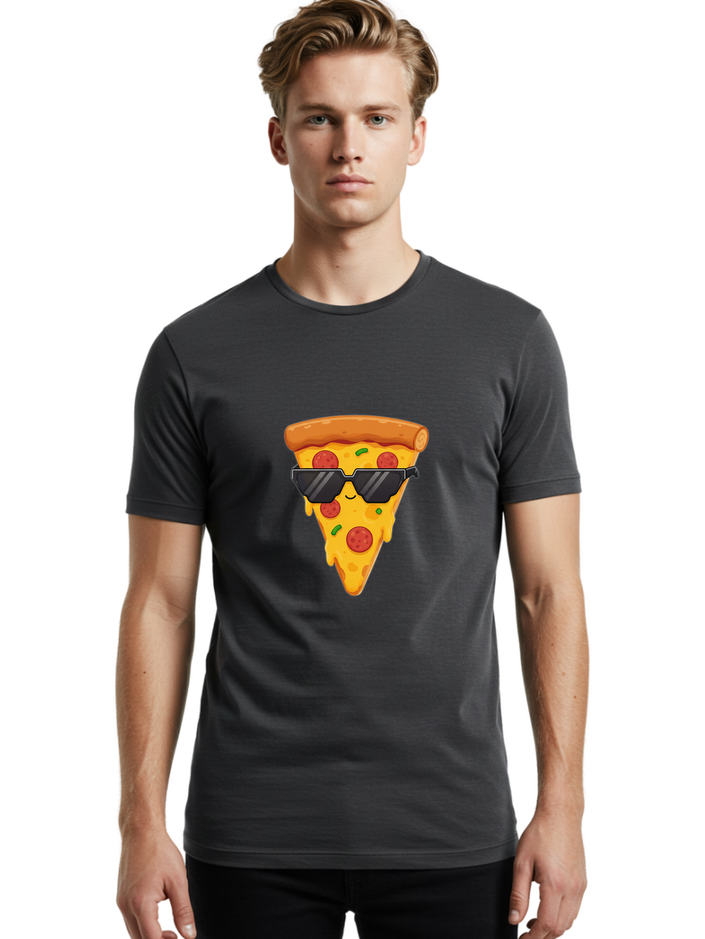 Pizza-Slice-12 Men'S Graphic Tee, 100% Cotton, Comfortable Casual Summer Wear, Machine Washable, Funny Pizza Slice, Cartoon Character, Sunglasses, Pepperoni Pizza, Melting Cheese, Casual Style, Laid-Back Vibe, Food Illustration, Quirky Design, Bac272