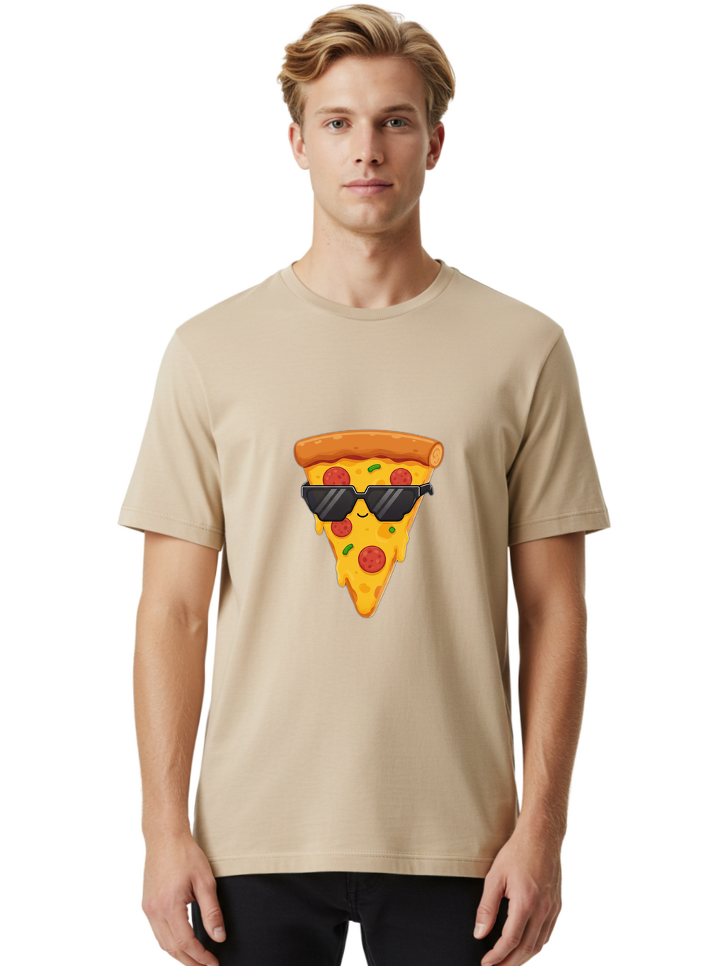 Pizza-Slice-12 Men'S Graphic Tee, 100% Cotton, Comfortable Casual Summer Wear, Machine Washable, Funny Pizza Slice, Cartoon Character, Sunglasses, Pepperoni Pizza, Melting Cheese, Casual Style, Laid-Back Vibe, Food Illustration, Quirky Design, Bac272