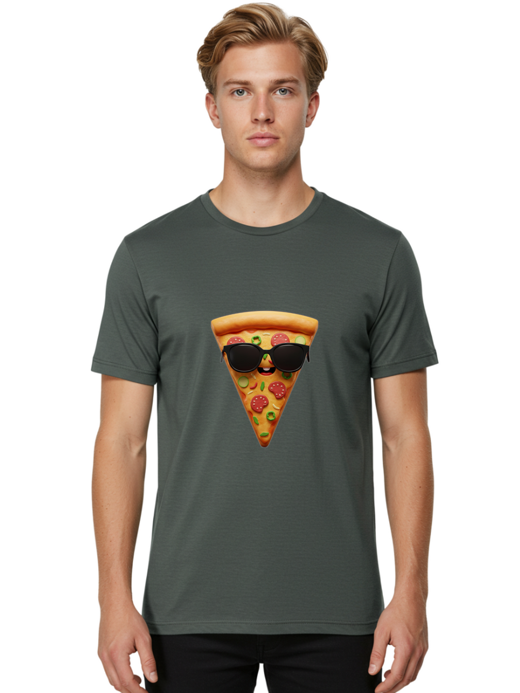 Pizza-Slice-14 Men'S Graphic Tee, 100% Cotton, Comfortable Casual Summer Wear, Machine Washable, Pizza Slice, Cartoon Character, Sunglasses, Pepperoni Pizza, Green Peppers, Olives, Cartoon Food, Funny Pizza, Cheerful Snack, Tasty Treat Bac274