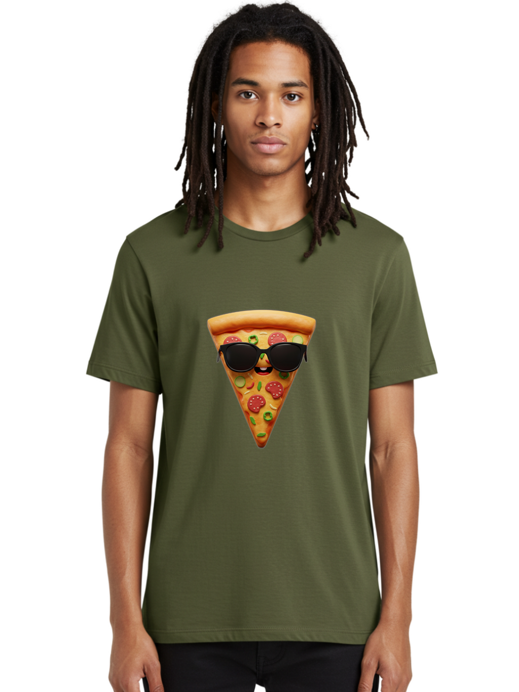 Pizza-Slice-14 Men'S Graphic Tee, 100% Cotton, Comfortable Casual Summer Wear, Machine Washable, Pizza Slice, Cartoon Character, Sunglasses, Pepperoni Pizza, Green Peppers, Olives, Cartoon Food, Funny Pizza, Cheerful Snack, Tasty Treat Bac274
