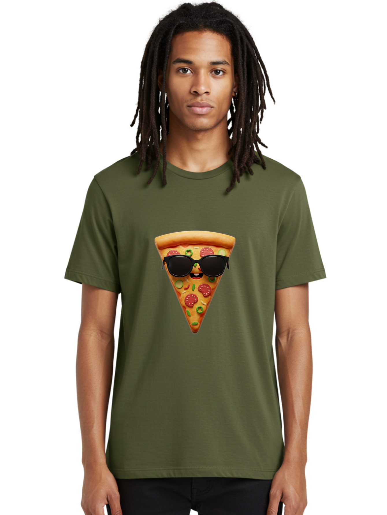 Pizza-Slice-14 Men'S Graphic Tee, 100% Cotton, Comfortable Casual Summer Wear, Machine Washable, Pizza Slice, Cartoon Character, Sunglasses, Pepperoni Pizza, Green Peppers, Olives, Cartoon Food, Funny Pizza, Cheerful Snack, Tasty Treat Bac274