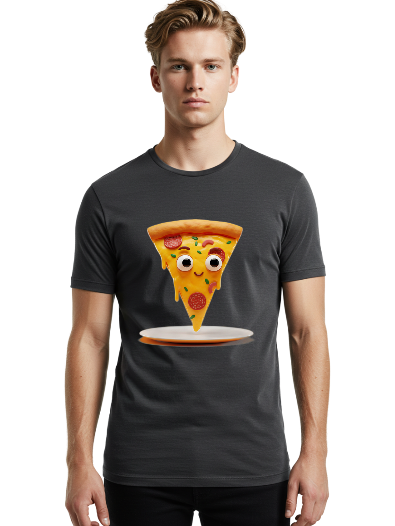 Pizza-Slice-17 Men'S Graphic Tee, 100% Cotton, Comfortable Casual Summer Wear, Machine Washable, Cartoon Pizza Slice, Melting Cheese, Pepperoni Toppings, Funny Eyes, Cute Smile, Italian Food, Delicious Meal, Foodie Humor, Comedic Relief, Bac277