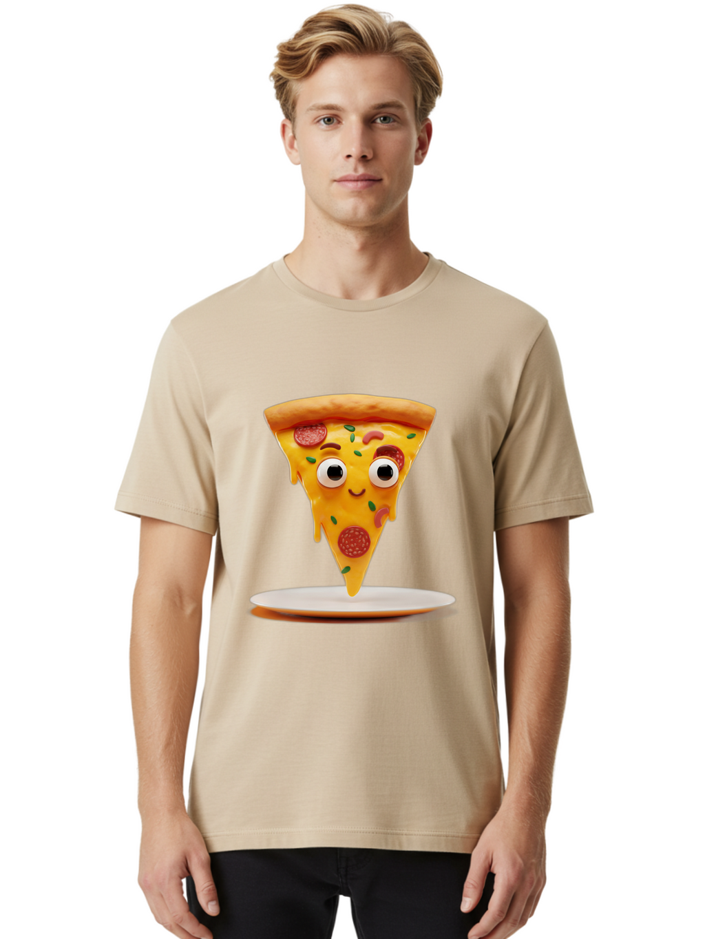 Pizza-Slice-17 Men'S Graphic Tee, 100% Cotton, Comfortable Casual Summer Wear, Machine Washable, Cartoon Pizza Slice, Melting Cheese, Pepperoni Toppings, Funny Eyes, Cute Smile, Italian Food, Delicious Meal, Foodie Humor, Comedic Relief, Bac277